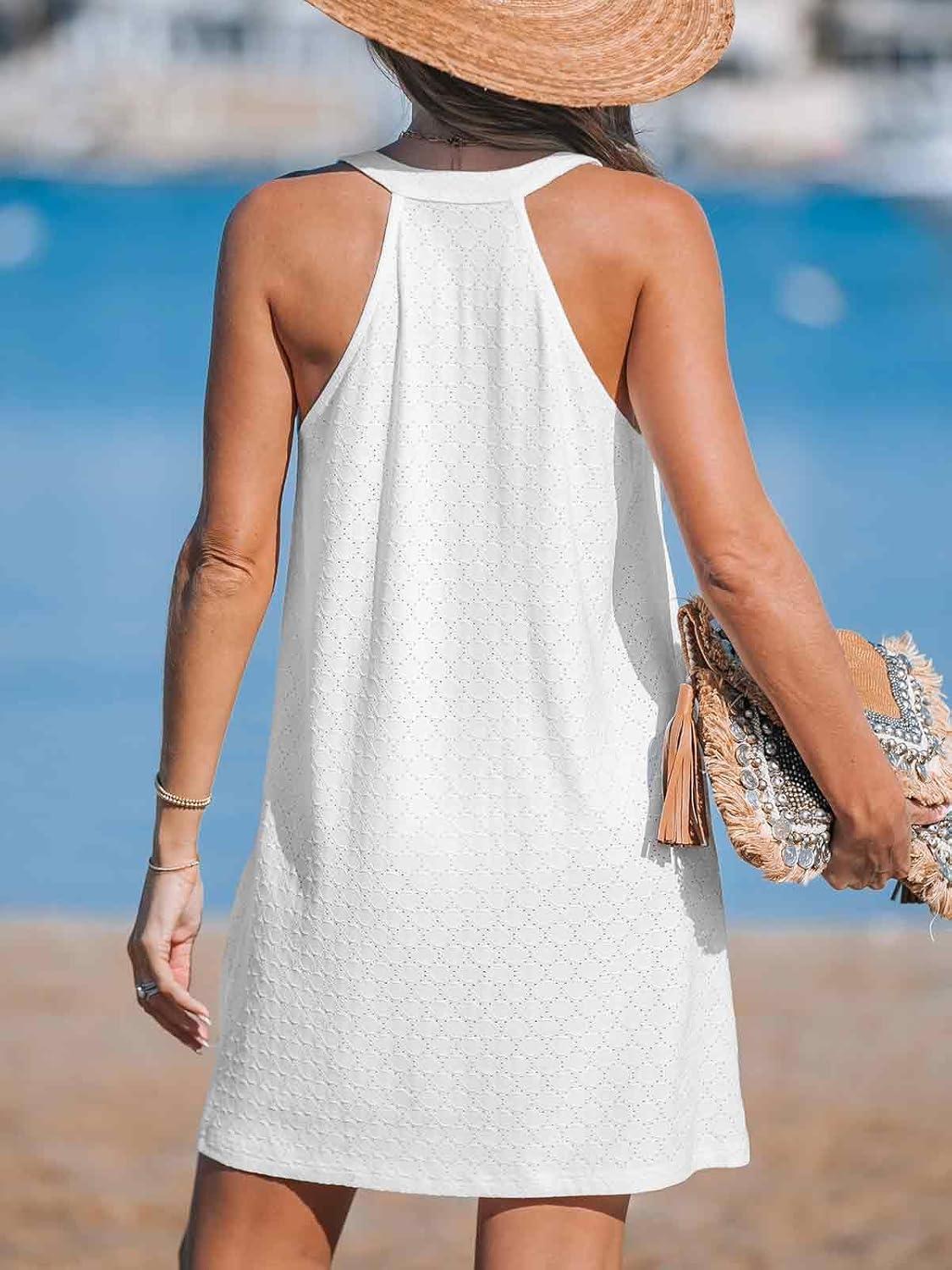 imageCUPSHE Women Swim Coverup Sleeveless V Neck Eyelet Summer Beach Swimsuit Cover Up Dress for SwimwearWhite