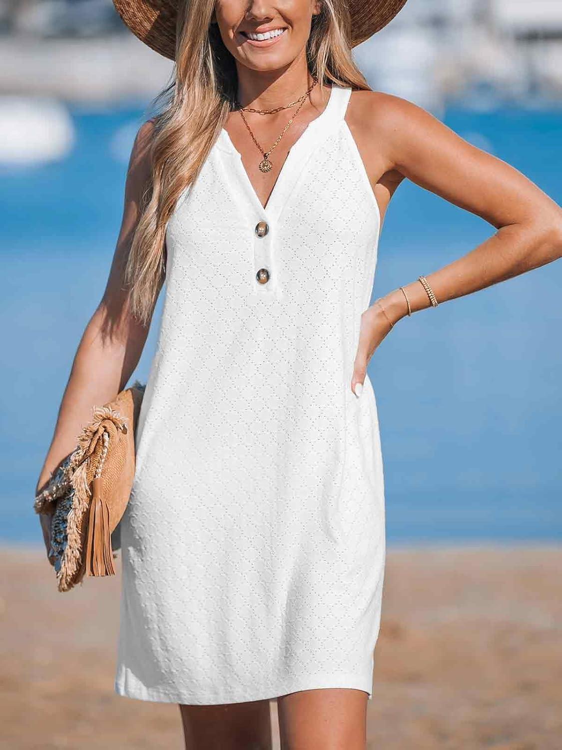 imageCUPSHE Women Swim Coverup Sleeveless V Neck Eyelet Summer Beach Swimsuit Cover Up Dress for SwimwearWhite