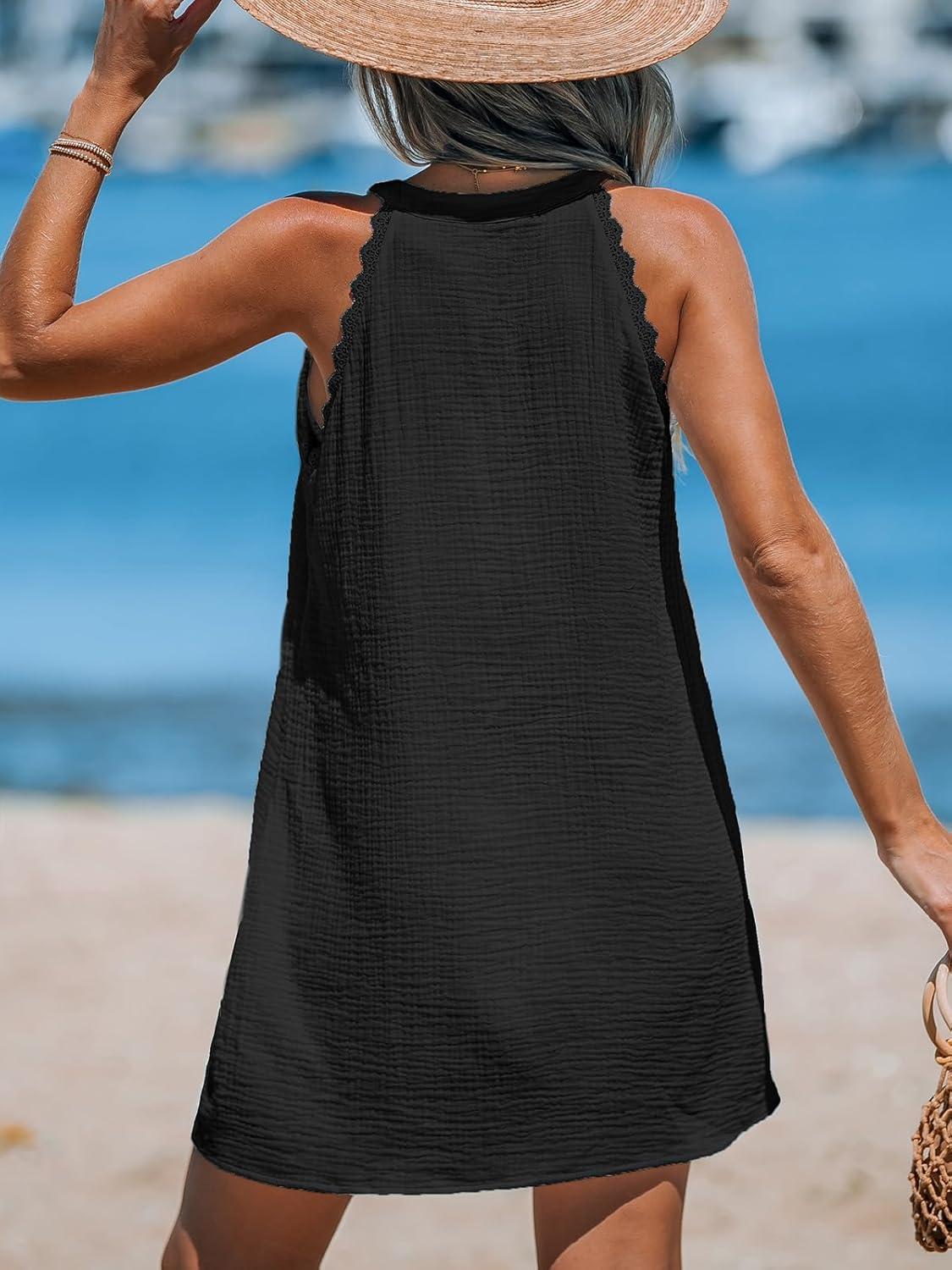 imageCUPSHE Women Swimsuit Coverup V Neck Sleeveless Beach Cover Ups Dress Lace Trim Vacation Outfits for 2025Black