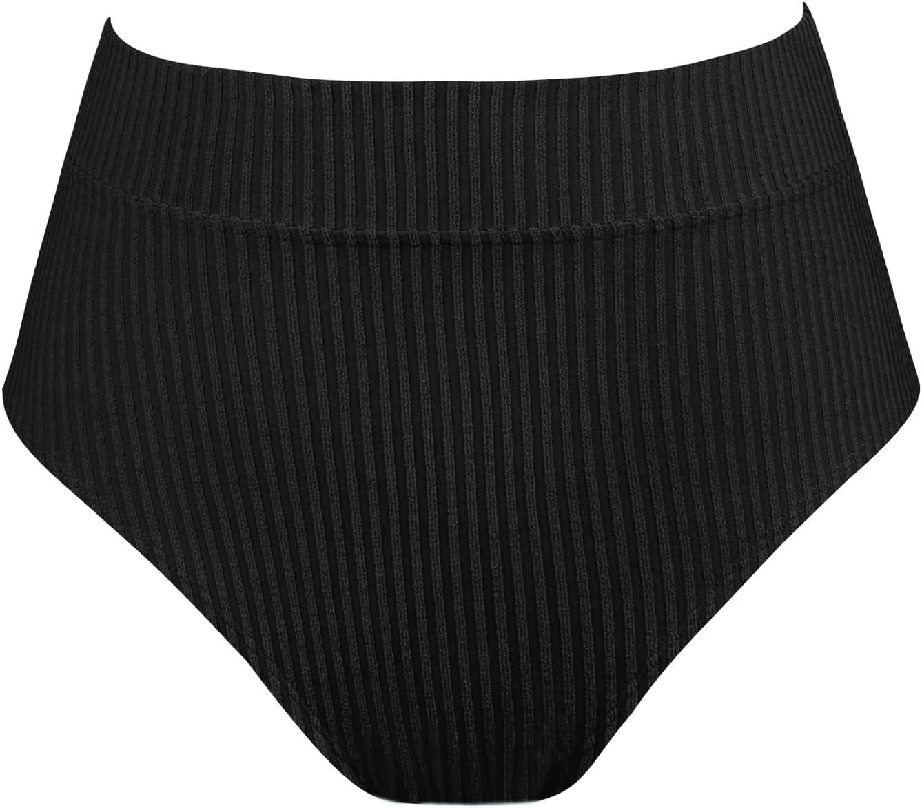 imageCUPSHE Women Swimsuit Plus Size Bikini Bottom High Waisted Ribbed Texture Modest Widen Band Bathing SuitBlack
