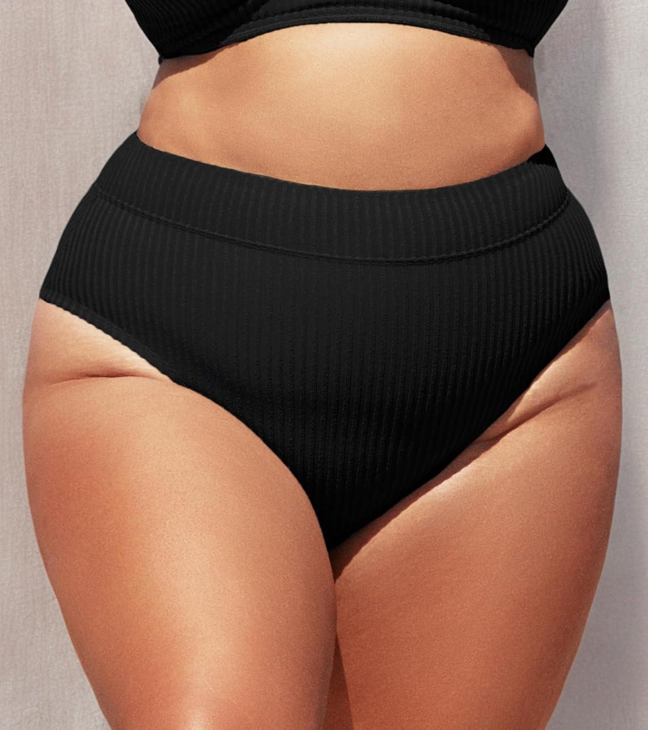 imageCUPSHE Women Swimsuit Plus Size Bikini Bottom High Waisted Ribbed Texture Modest Widen Band Bathing SuitBlack