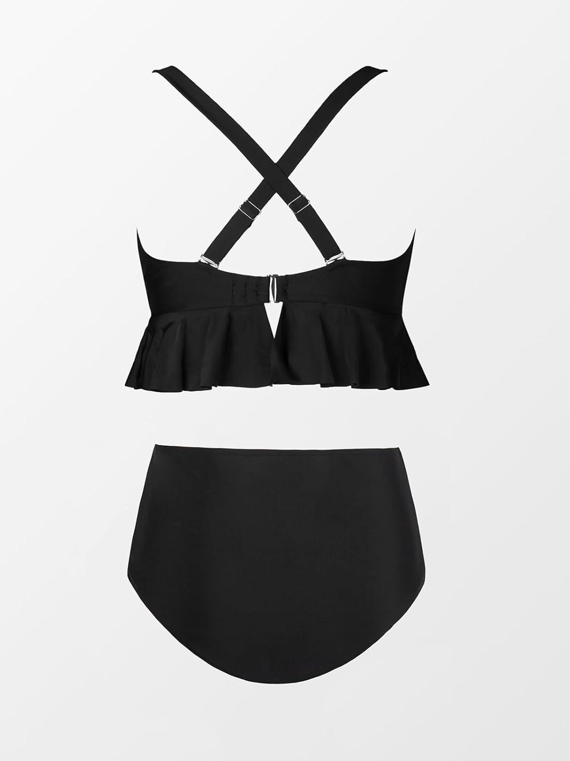 imageCUPSHE Women Swimsuit Plus Size Bikini Set Two Piece Bathing Suit V Neck High Waisted Flowy Ruffle Hem FloralSolid Black