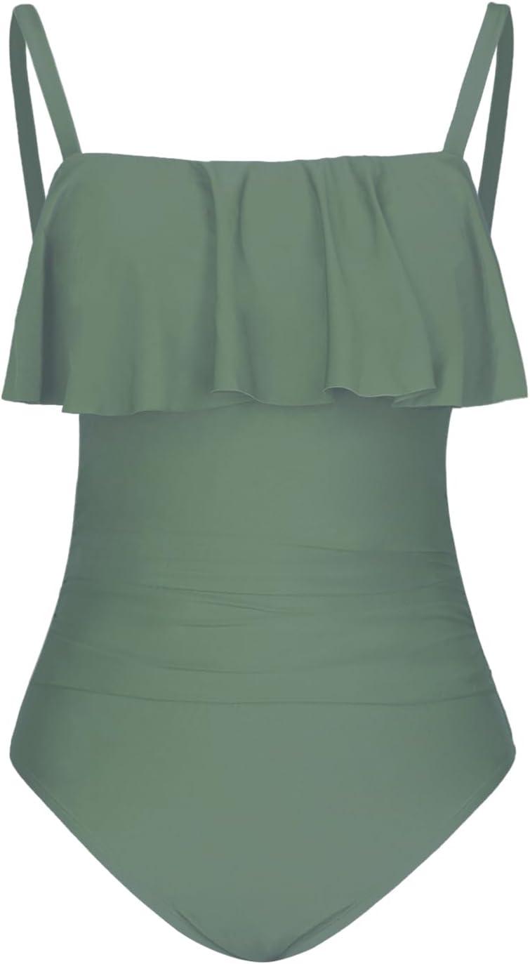 imageCUPSHE Women Swimsuit Plus Size One Piece Bathing Suit Flowy Ruffle Trim Ruched Front Tummy ControlOlive Green