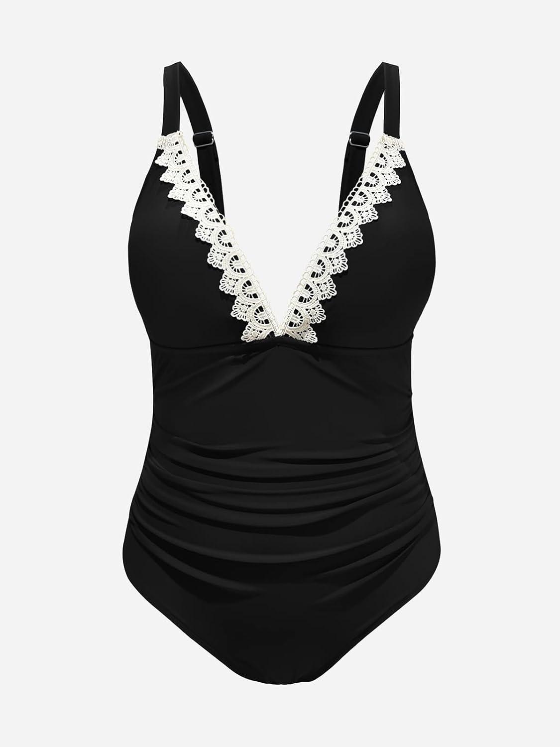 imageCUPSHE Women Swimsuit Plus Size One Piece Lace V Neck Ruched Front Tummy Control with Adjustable Wide StrapsBlack