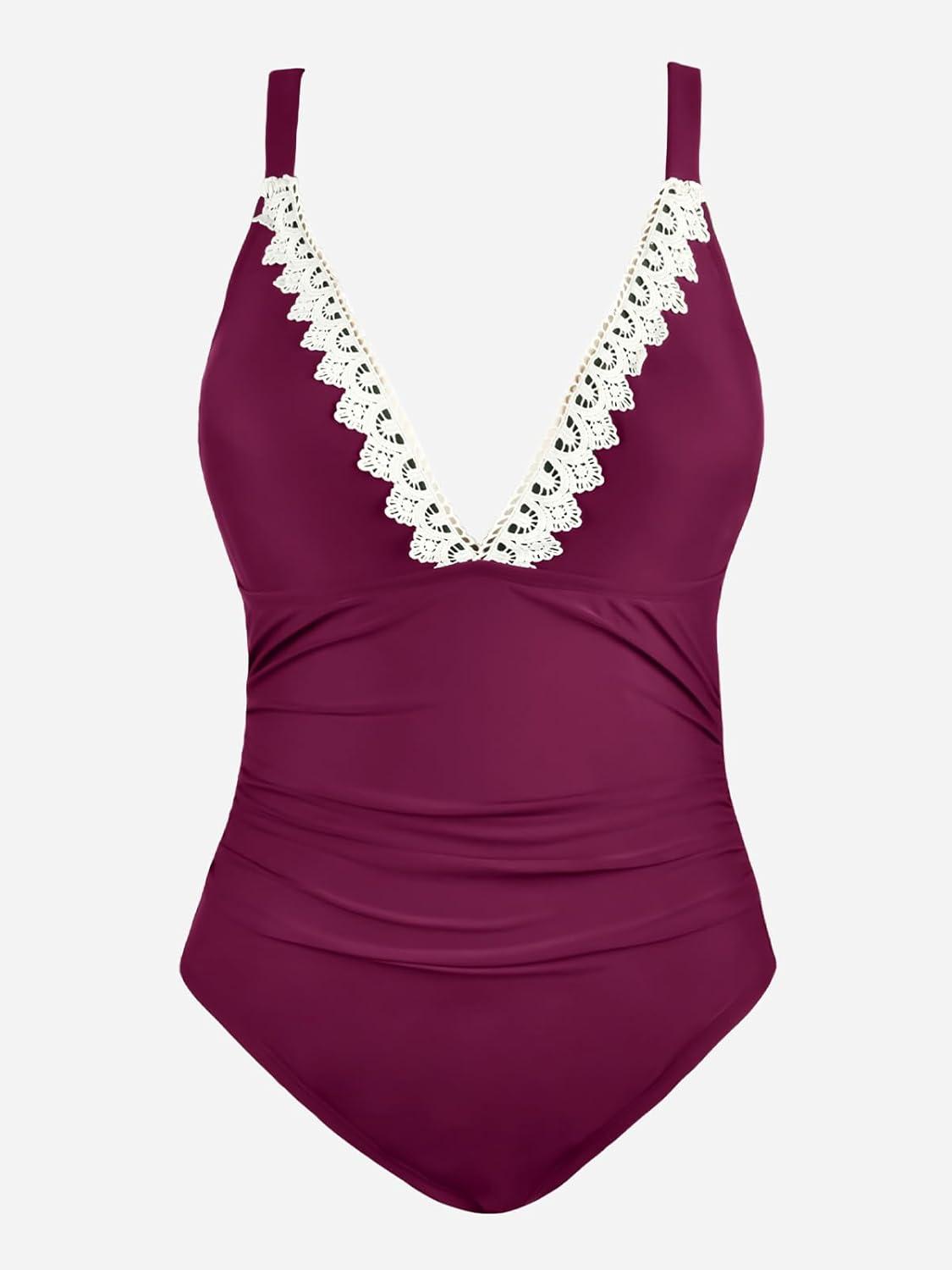 imageCUPSHE Women Swimsuit Plus Size One Piece Lace V Neck Ruched Front Tummy Control with Adjustable Wide StrapsWine Red