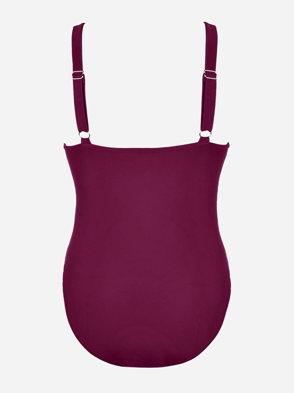 imageCUPSHE Women Swimsuit Plus Size One Piece Lace V Neck Ruched Front Tummy Control with Adjustable Wide StrapsWine Red