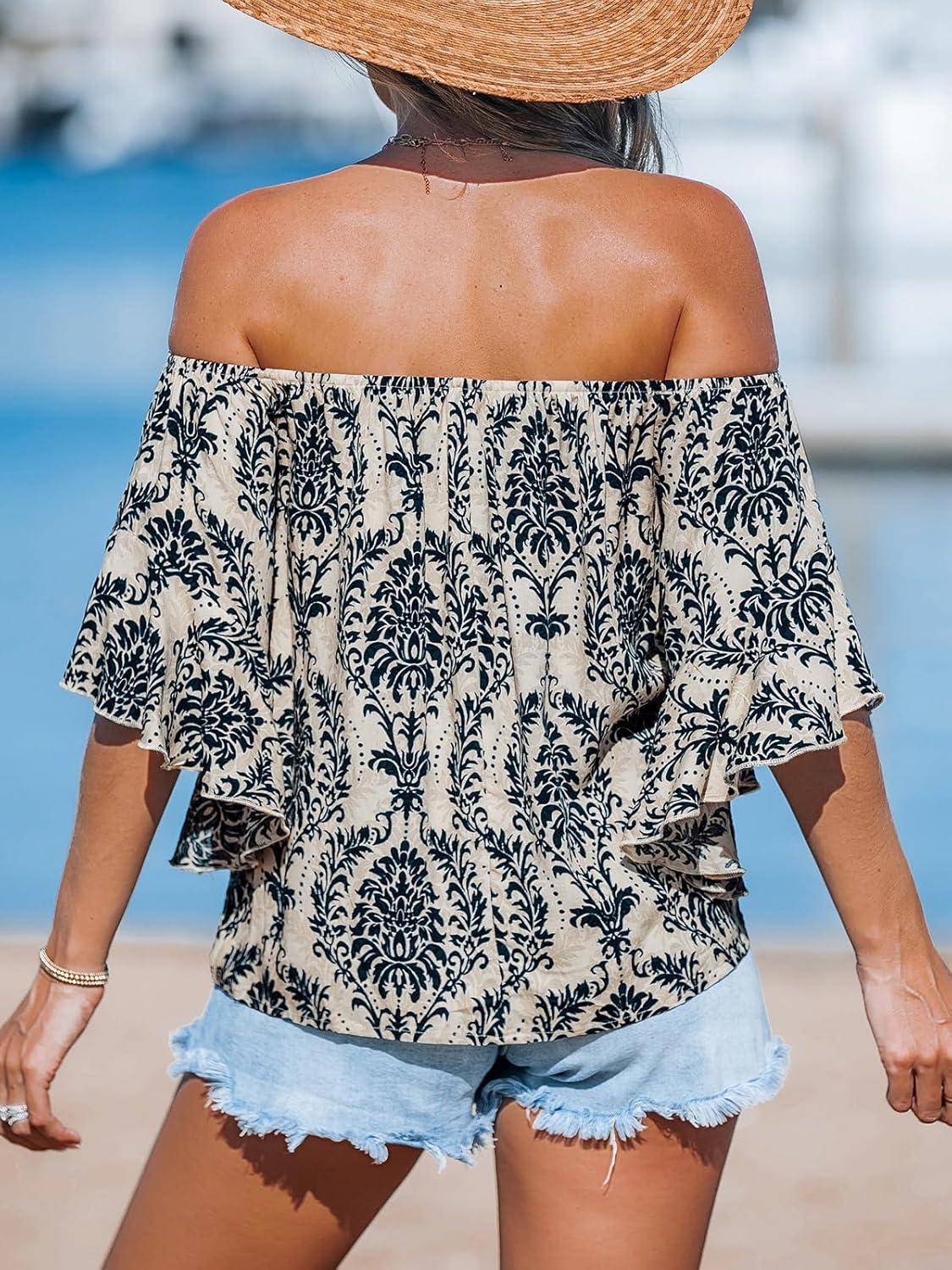 imageCUPSHE Women Tops Boho OffShoulder Neck Ruffle Sleeve Blouse Short Sleeve Tee Shirt Casual SummerBlue