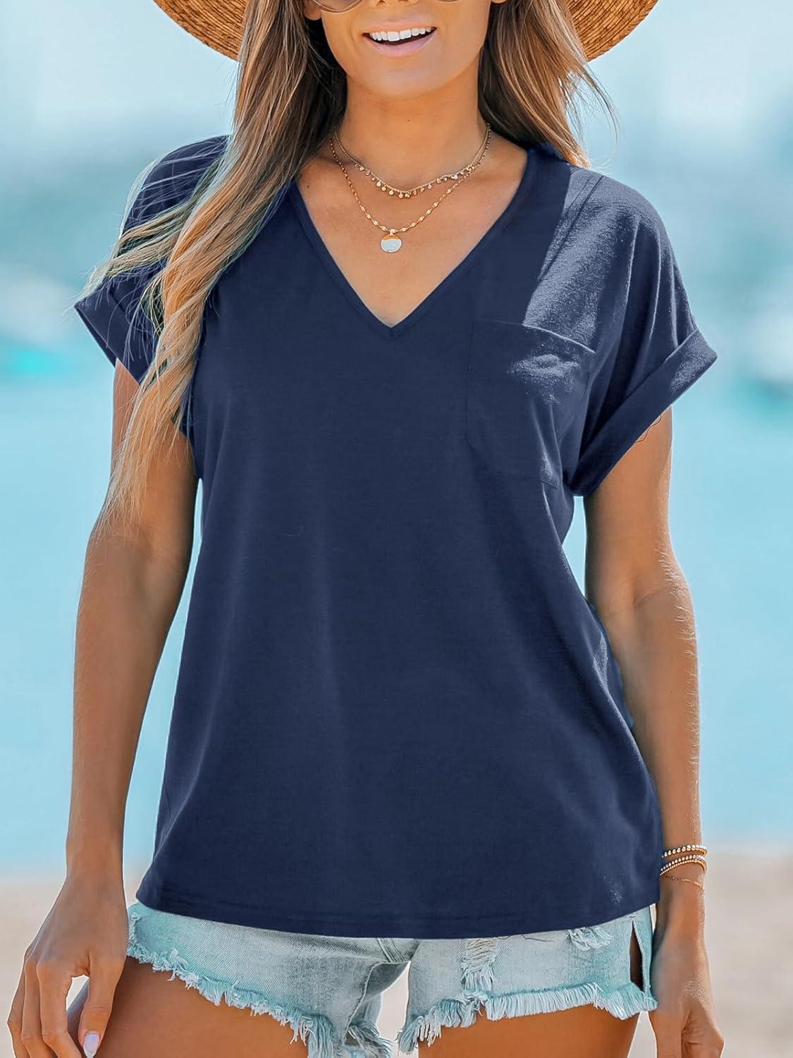 imageCUPSHE Women Tops Onyx VNeck Short Sleeve Tee Front Pocket Shirt Solid Tee Casual DressyDark Blue