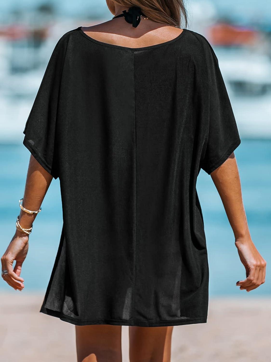 imageCUPSHE Women VNeck Slit Mini CoverUp Dress Casual Summer Short Sleeves Solid Cover UpBlack