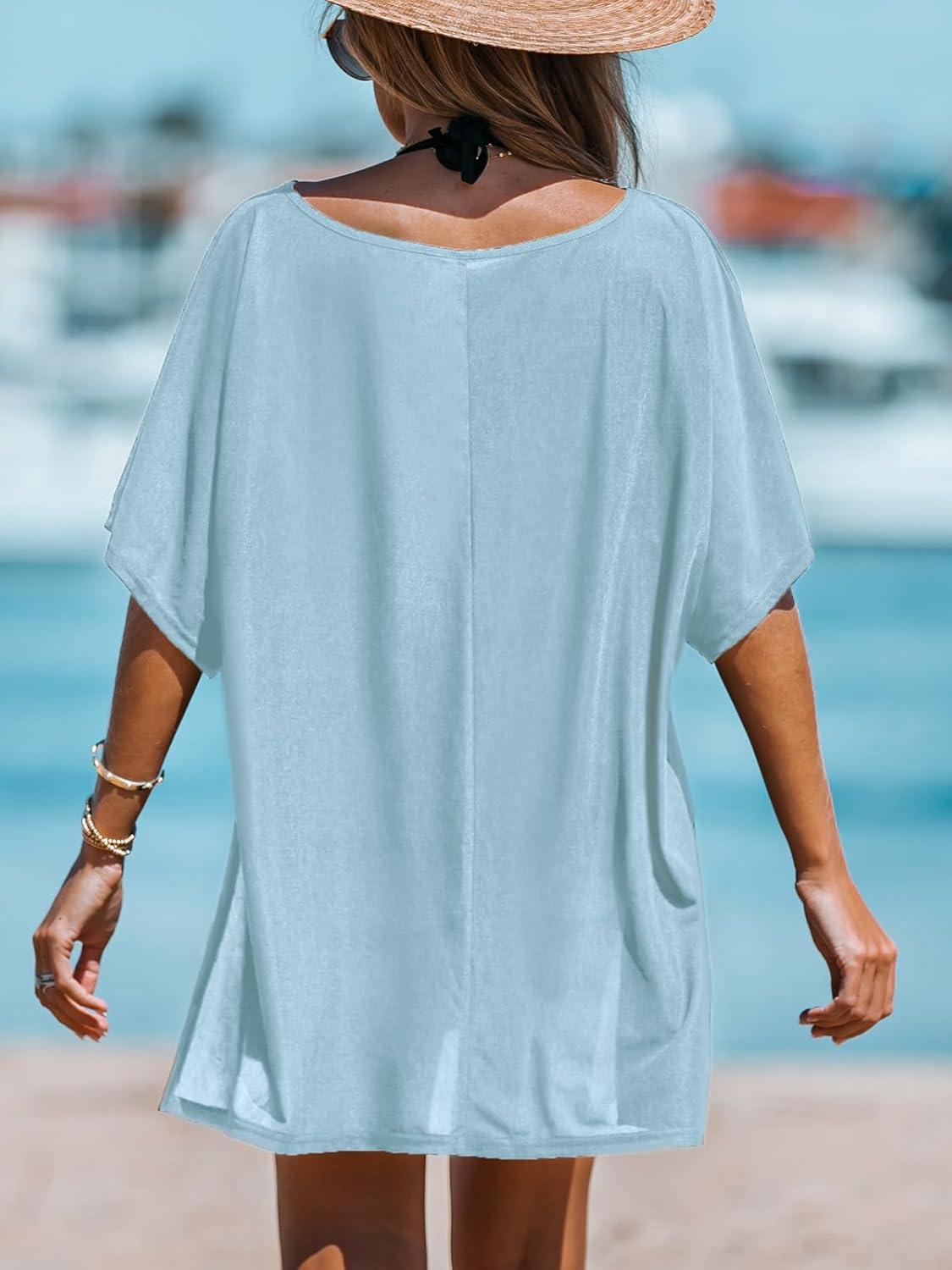 imageCUPSHE Women VNeck Slit Mini CoverUp Dress Casual Summer Short Sleeves Solid Cover UpBlue