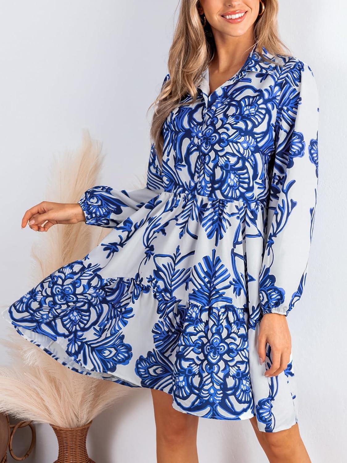 imageCUPSHE Womens 2025 Fall Dress Long Sleeve V Neck Button Floral Tunic Ruffled Casual Flowy Mini Summer DressBlue Floral
