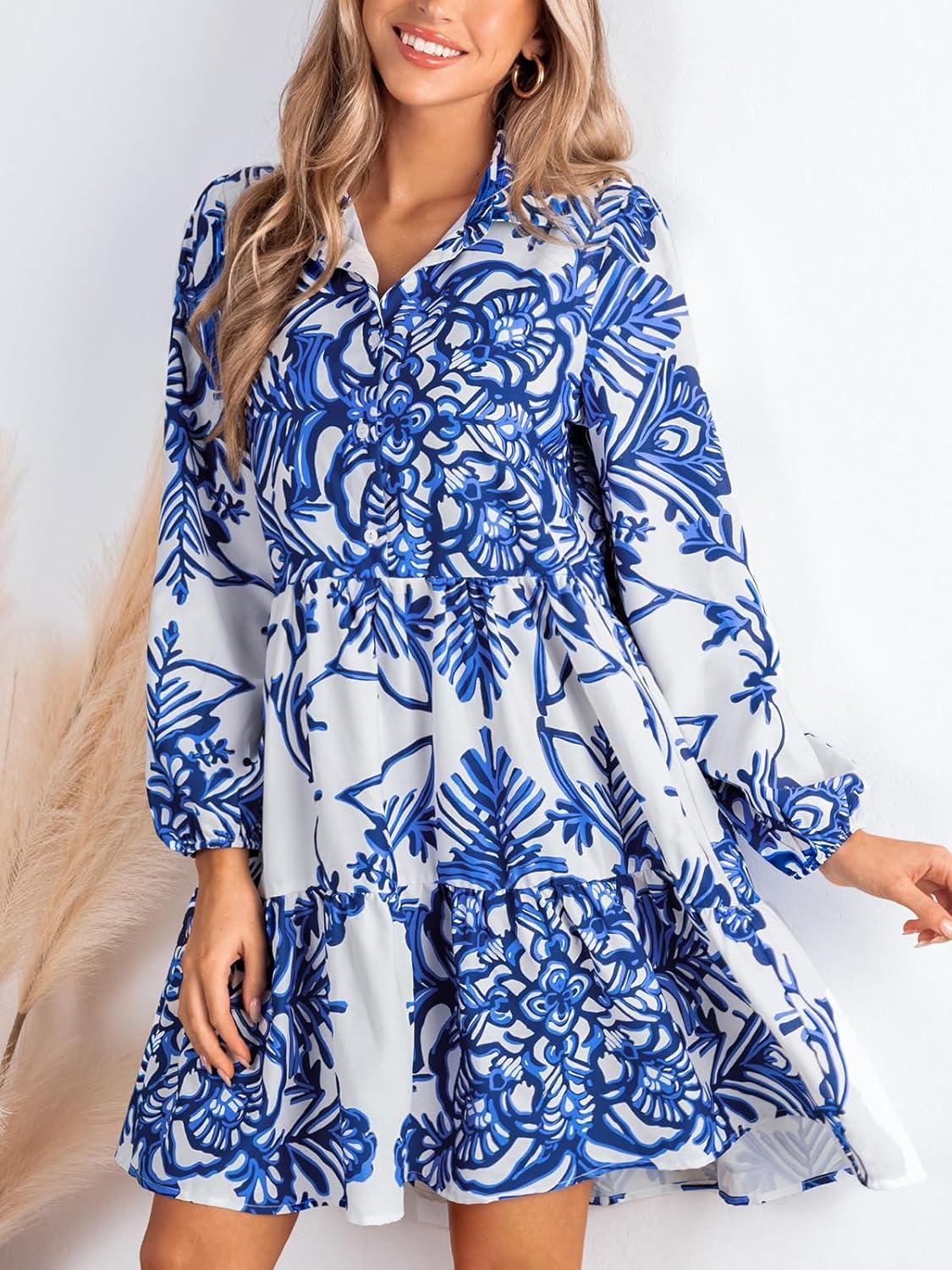 imageCUPSHE Womens 2025 Fall Dress Long Sleeve V Neck Button Floral Tunic Ruffled Casual Flowy Mini Summer DressBlue Floral