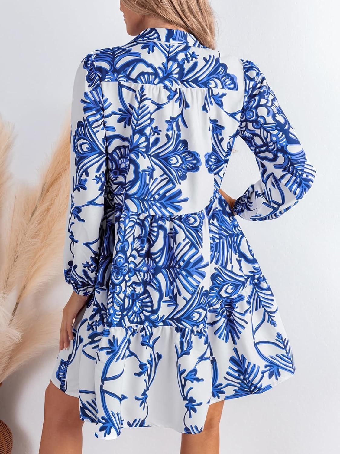 imageCUPSHE Womens 2025 Fall Dress Long Sleeve V Neck Button Floral Tunic Ruffled Casual Flowy Mini Summer DressBlue Floral