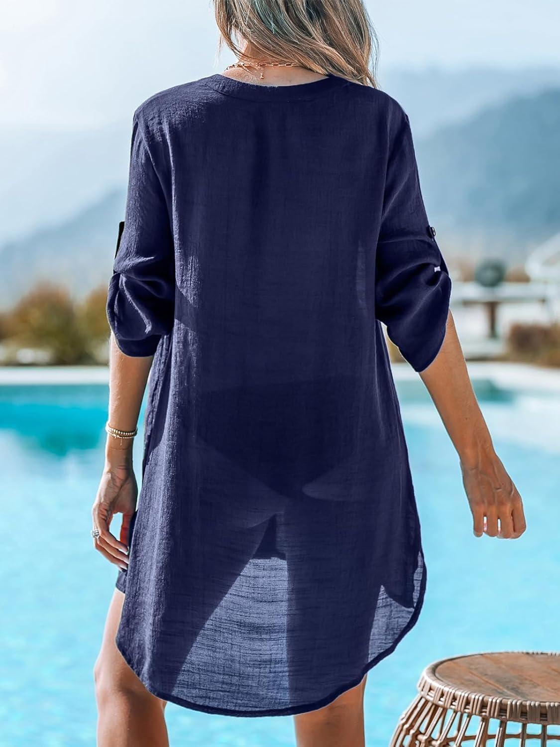 imageCUPSHE Womens Bathing Suit Cover Up Swimwear Swimsuit Coverup Button Down Beach Shirt DressNavy