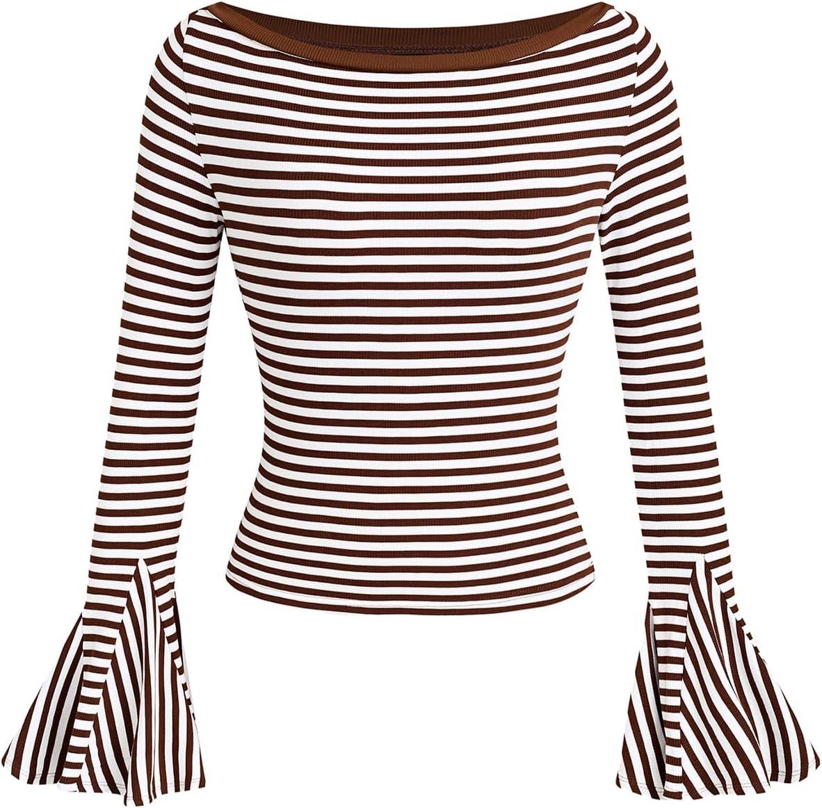 imageCUPSHE Womens Bell Long Sleeve Shirts Striped Casual Going Out Tops Boat Neck Fitted Y2K ClothesBrown White