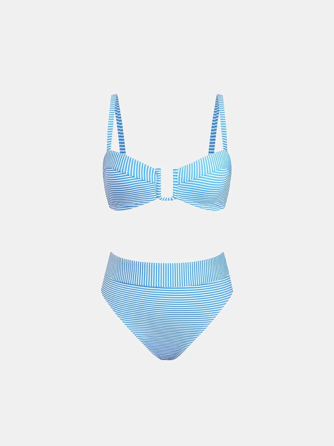 imageCUPSHE Womens Bikini Set High Waisted Two Piece Swimsuit U Wire High Leg Cut Cheeky Bottom Bathing Suit Back HookWhiteBlue Stripe