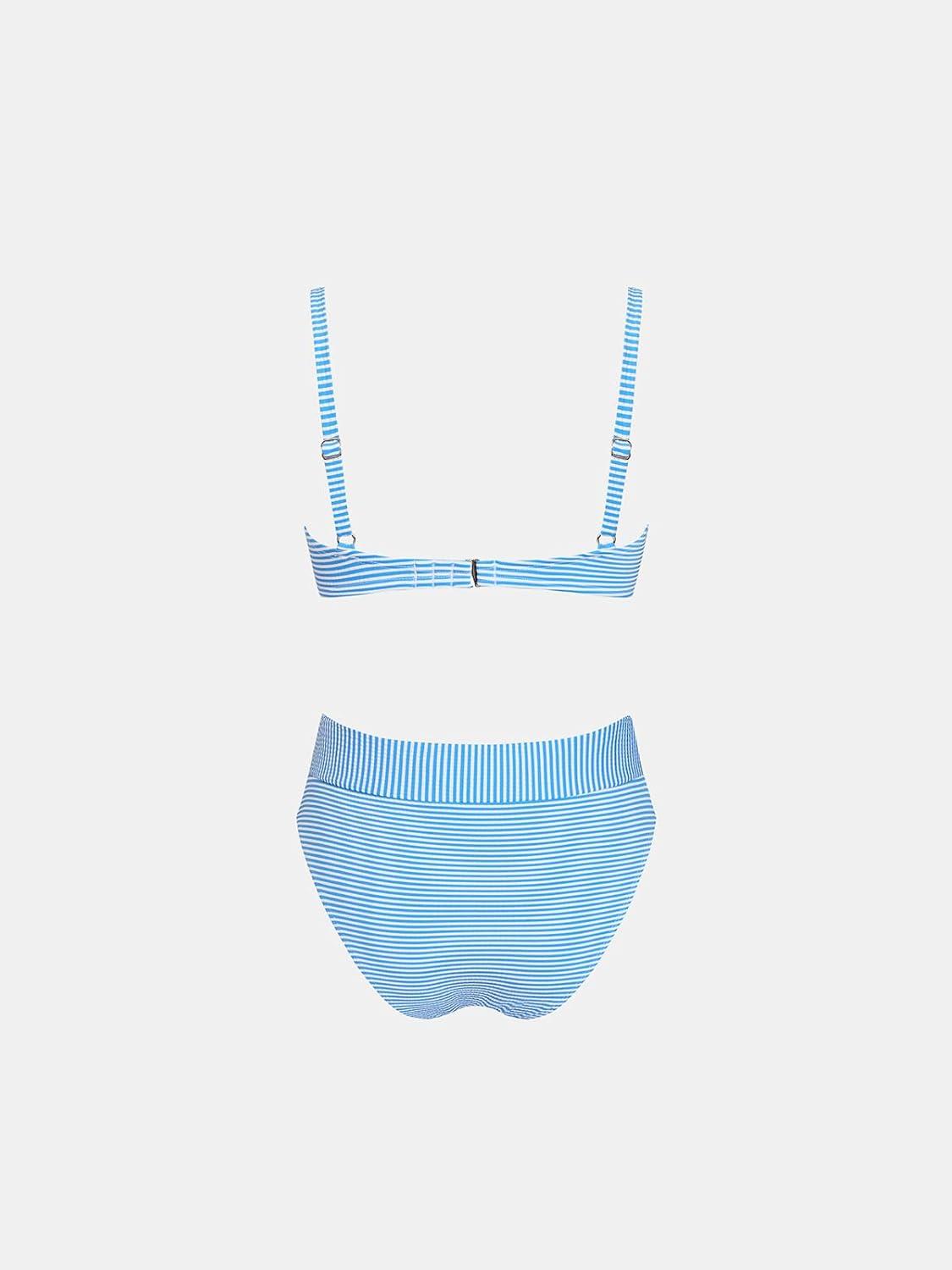 imageCUPSHE Womens Bikini Set High Waisted Two Piece Swimsuit U Wire High Leg Cut Cheeky Bottom Bathing Suit Back HookWhiteBlue Stripe