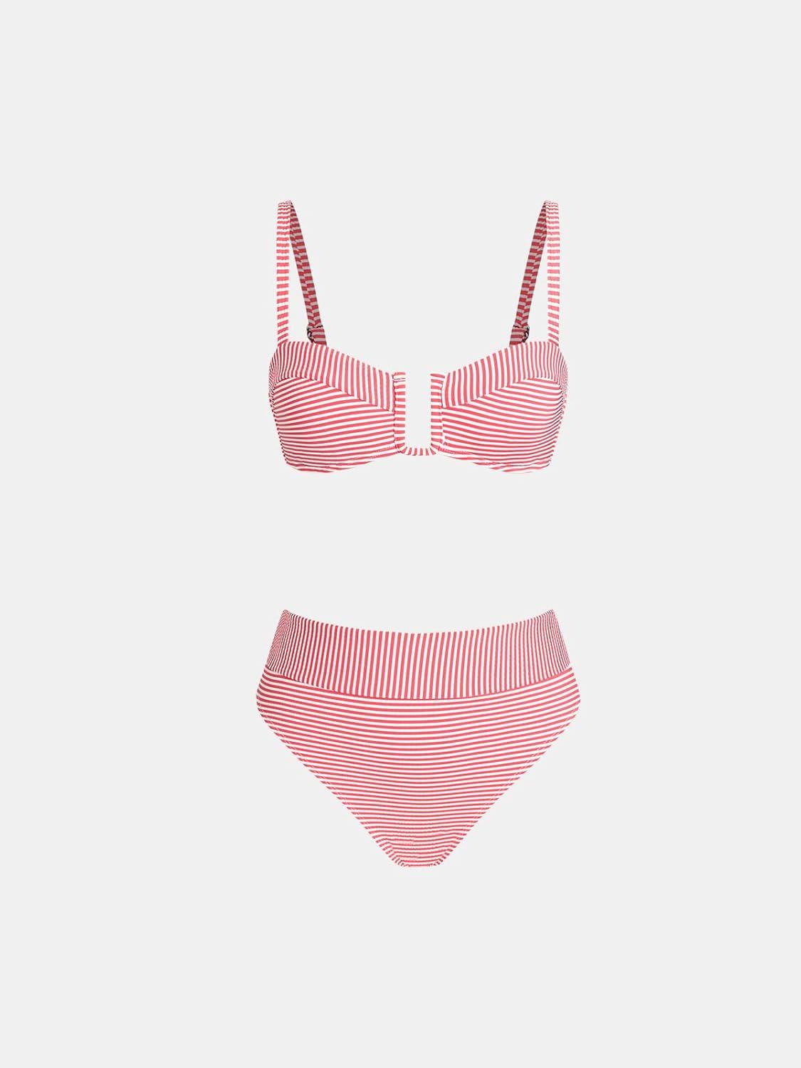imageCUPSHE Womens Bikini Set High Waisted Two Piece Swimsuit U Wire High Leg Cut Cheeky Bottom Bathing Suit Back HookWhiteRed Stripe