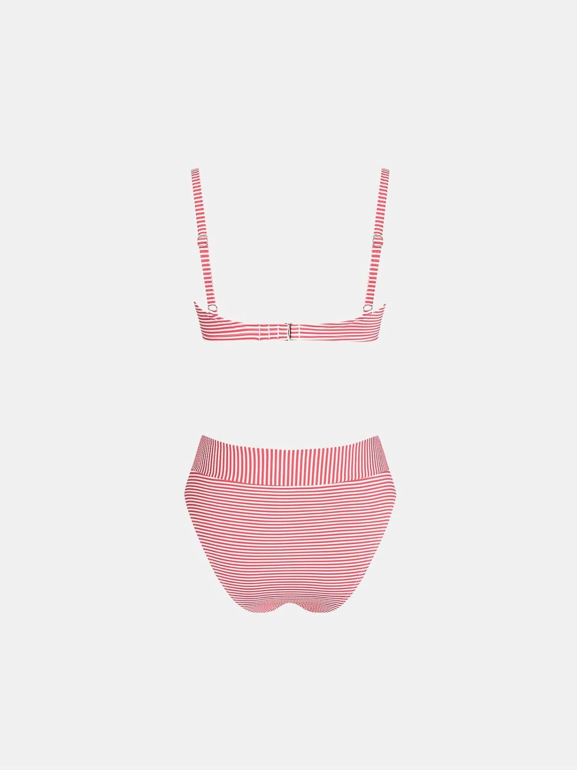 imageCUPSHE Womens Bikini Set High Waisted Two Piece Swimsuit U Wire High Leg Cut Cheeky Bottom Bathing Suit Back HookWhiteRed Stripe
