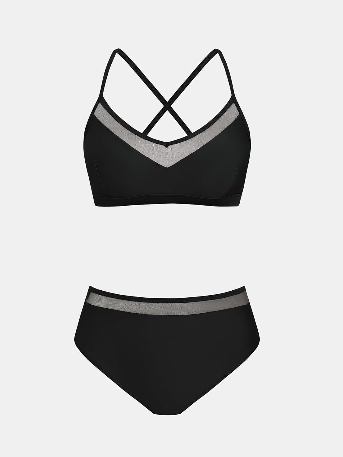imageCUPSHE Womens Bikini Set High Waisted Two Piece Swimsuit V Neck Mesh Trendy Bathing Suit Crisscross Back Self TieBlack