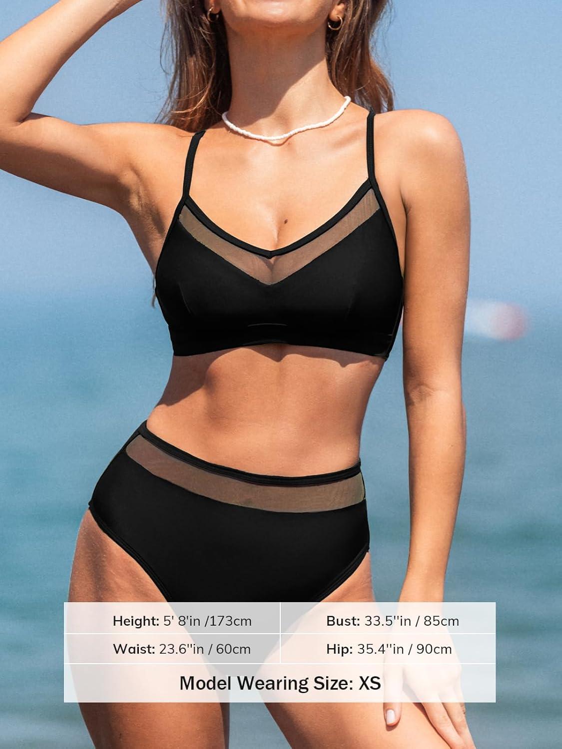 imageCUPSHE Womens Bikini Set High Waisted Two Piece Swimsuit V Neck Mesh Trendy Bathing Suit Crisscross Back Self TieBlack