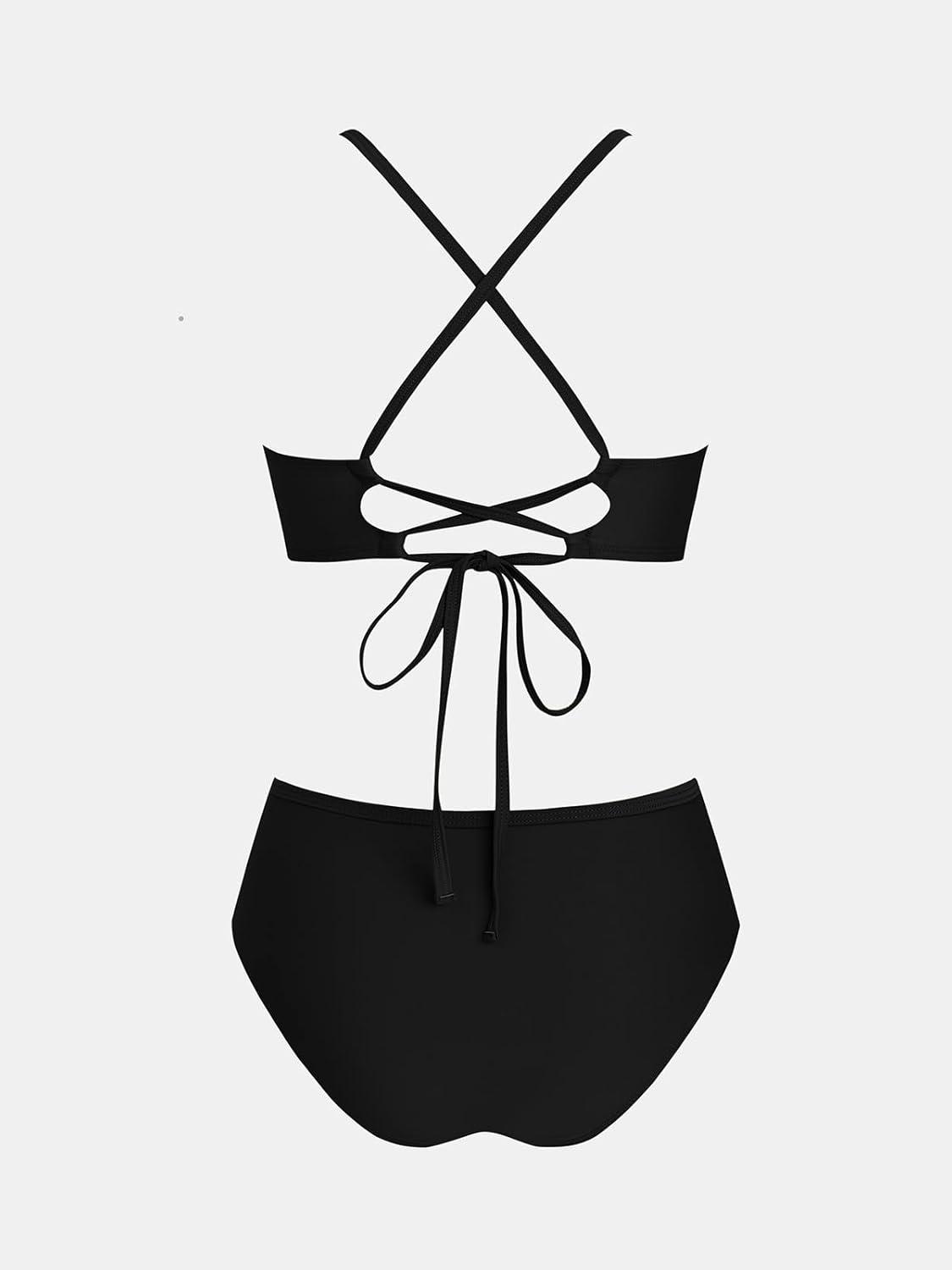 imageCUPSHE Womens Bikini Set High Waisted Two Piece Swimsuit V Neck Mesh Trendy Bathing Suit Crisscross Back Self TieBlack