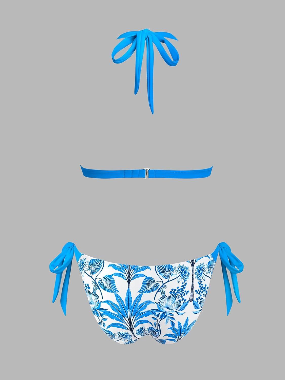 imageCUPSHE Womens Bikini Set Two Piece Swimsuit V Neck Triangle Top Bathing Suit Double O Ring Halter Strap Back HookWhiteRoyal Blue Tropical