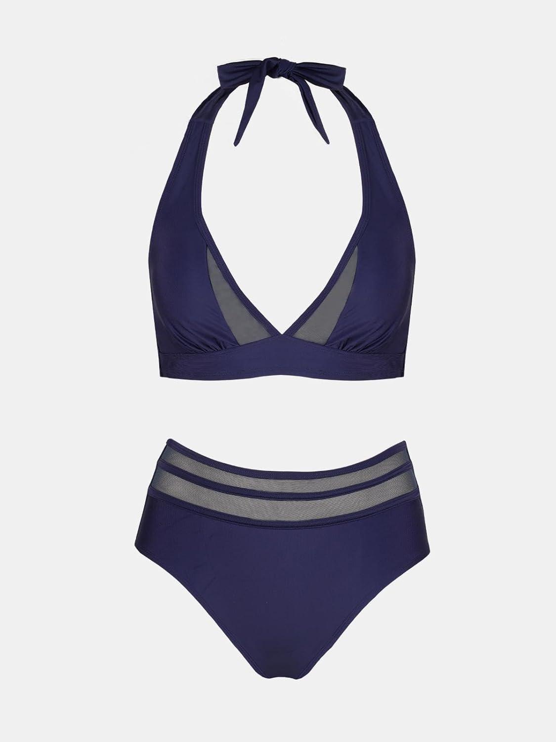 imageCUPSHE Womens Bikini Sets Halter V Neck Tie Back Bathing Suit Mesh Panel High Waisted BottomNavy