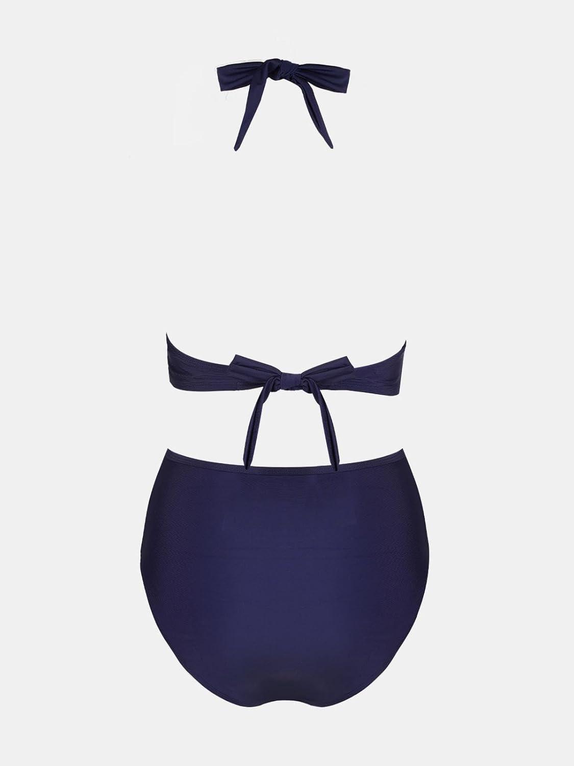 imageCUPSHE Womens Bikini Sets Halter V Neck Tie Back Bathing Suit Mesh Panel High Waisted BottomNavy