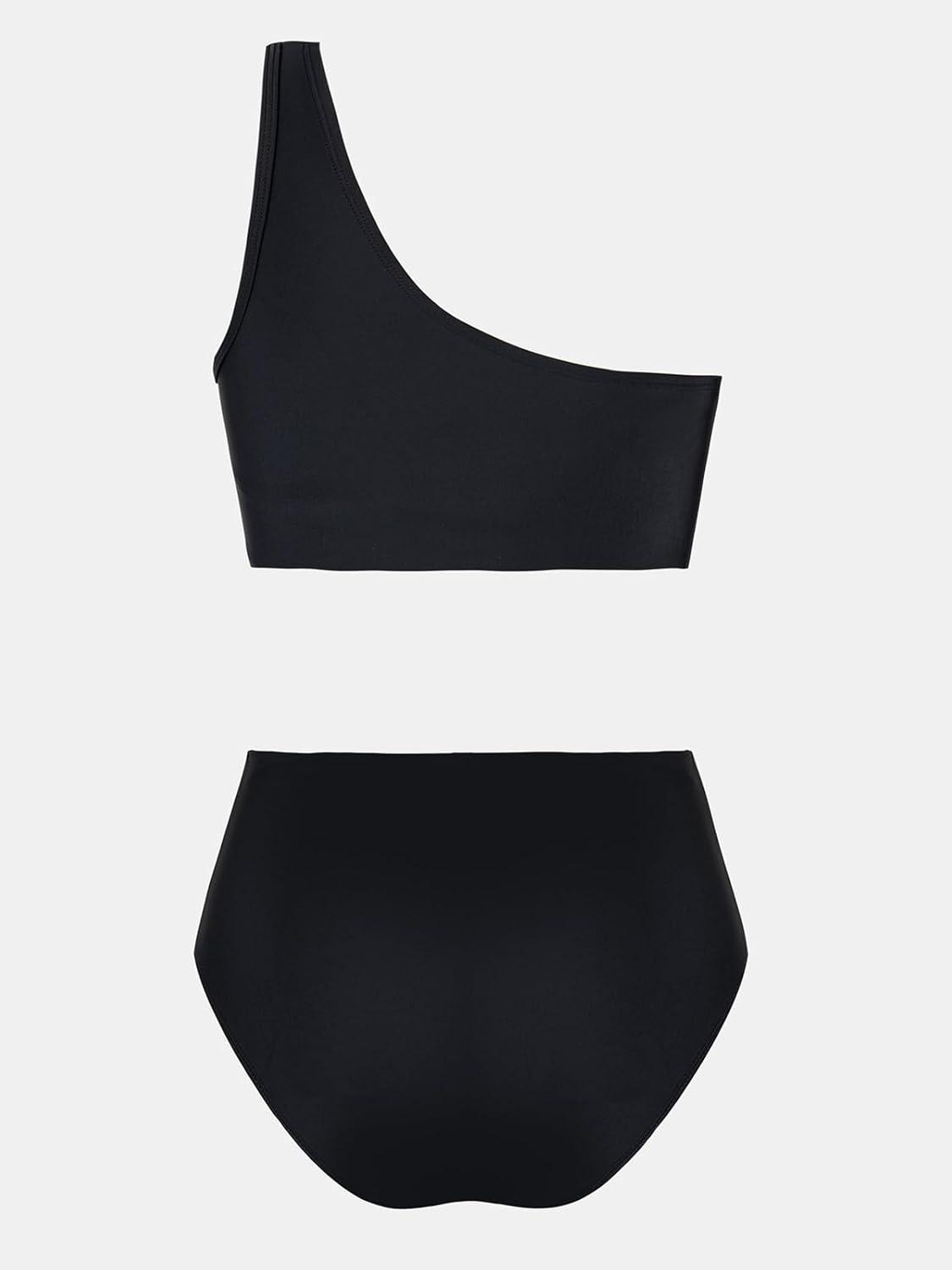 imageCUPSHE Womens Bikini Sets One Shoulder Two Piece Swimsuit High Waisted Asymmetrical Neck Ruched Cutout MeshBlack