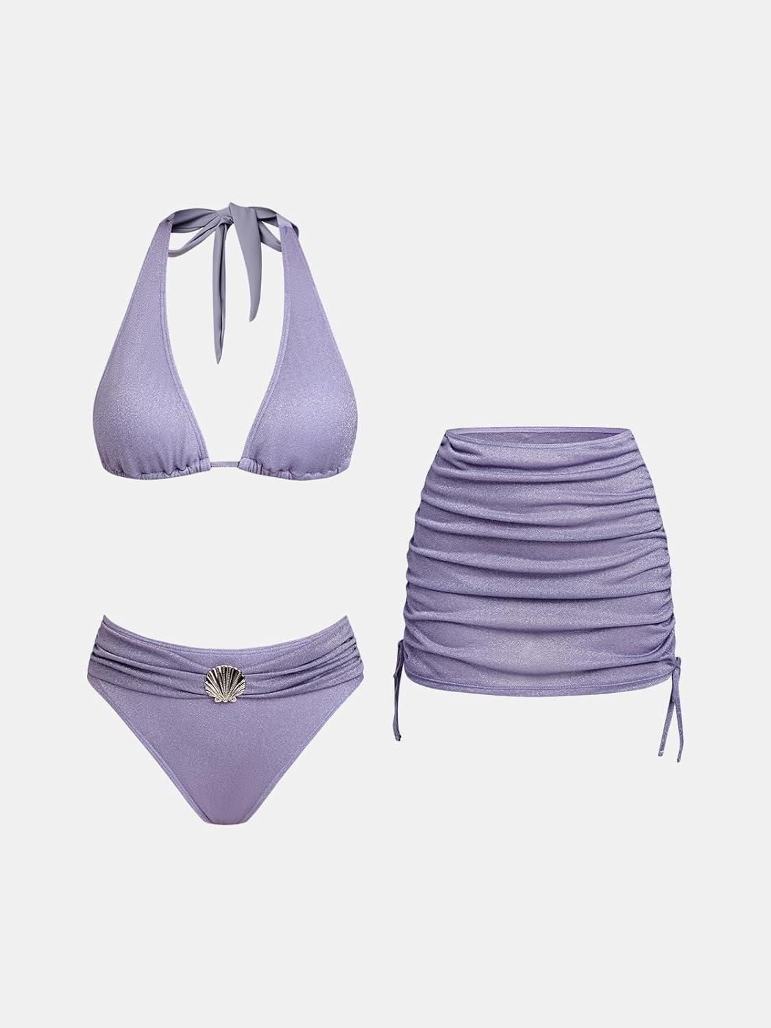 imageCUPSHE Womens Bikini Sets Three Piece Swimsuit Plunging Neck Shining Halter Self Tie Ruched Sarong AdjustablePurple