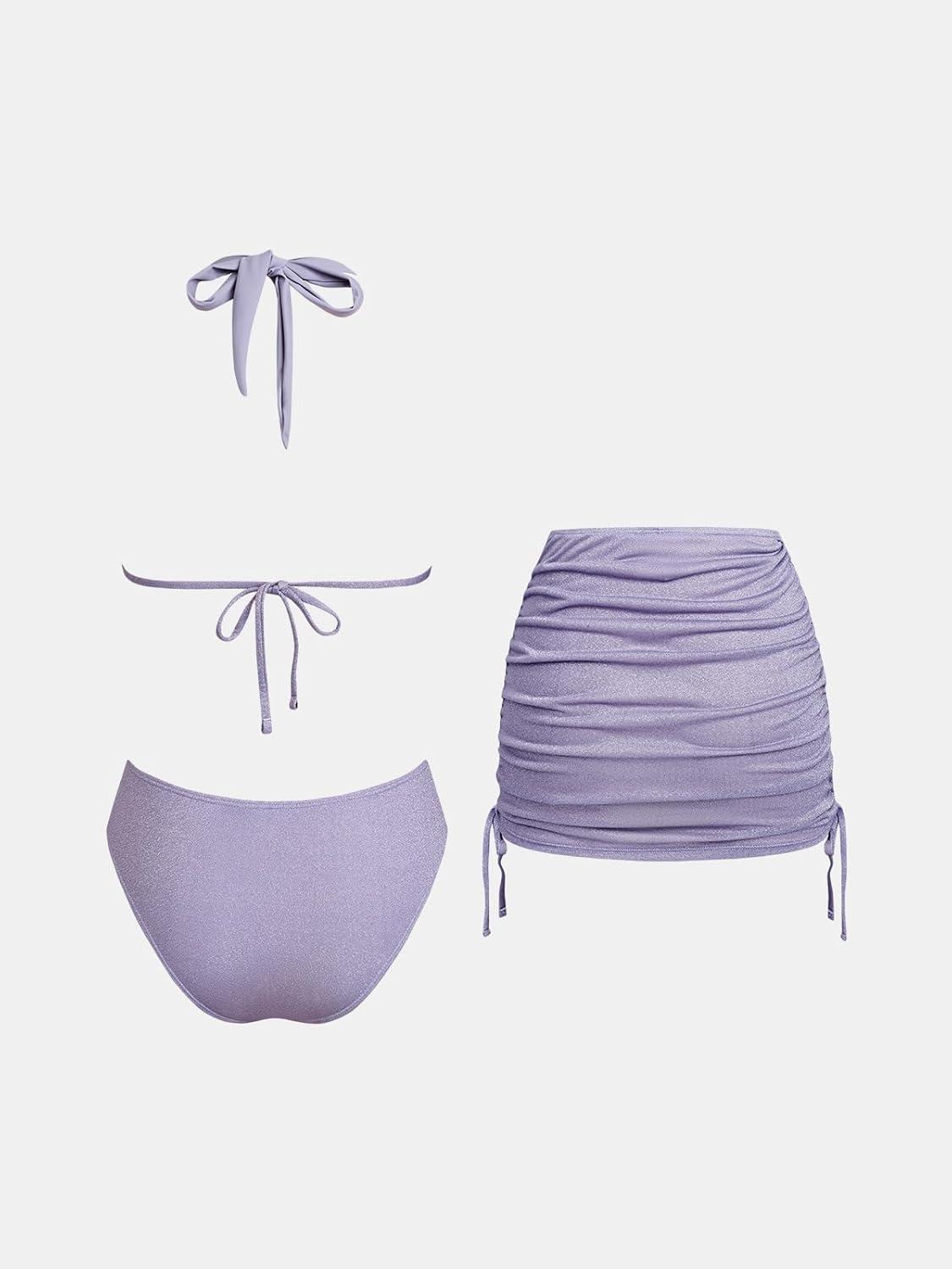 imageCUPSHE Womens Bikini Sets Three Piece Swimsuit Plunging Neck Shining Halter Self Tie Ruched Sarong AdjustablePurple