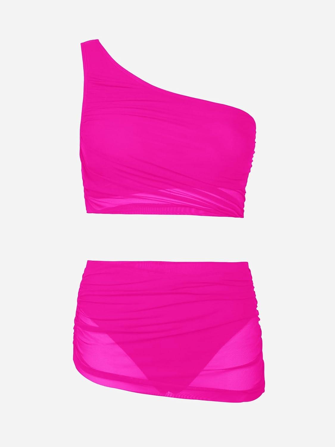 imageCUPSHE Womens Bikini Sets Two Piece Bathing Suit One Shoulder Ruched Mesh Mid Rise Skirt Bottom AsymmetricalNeon Pink