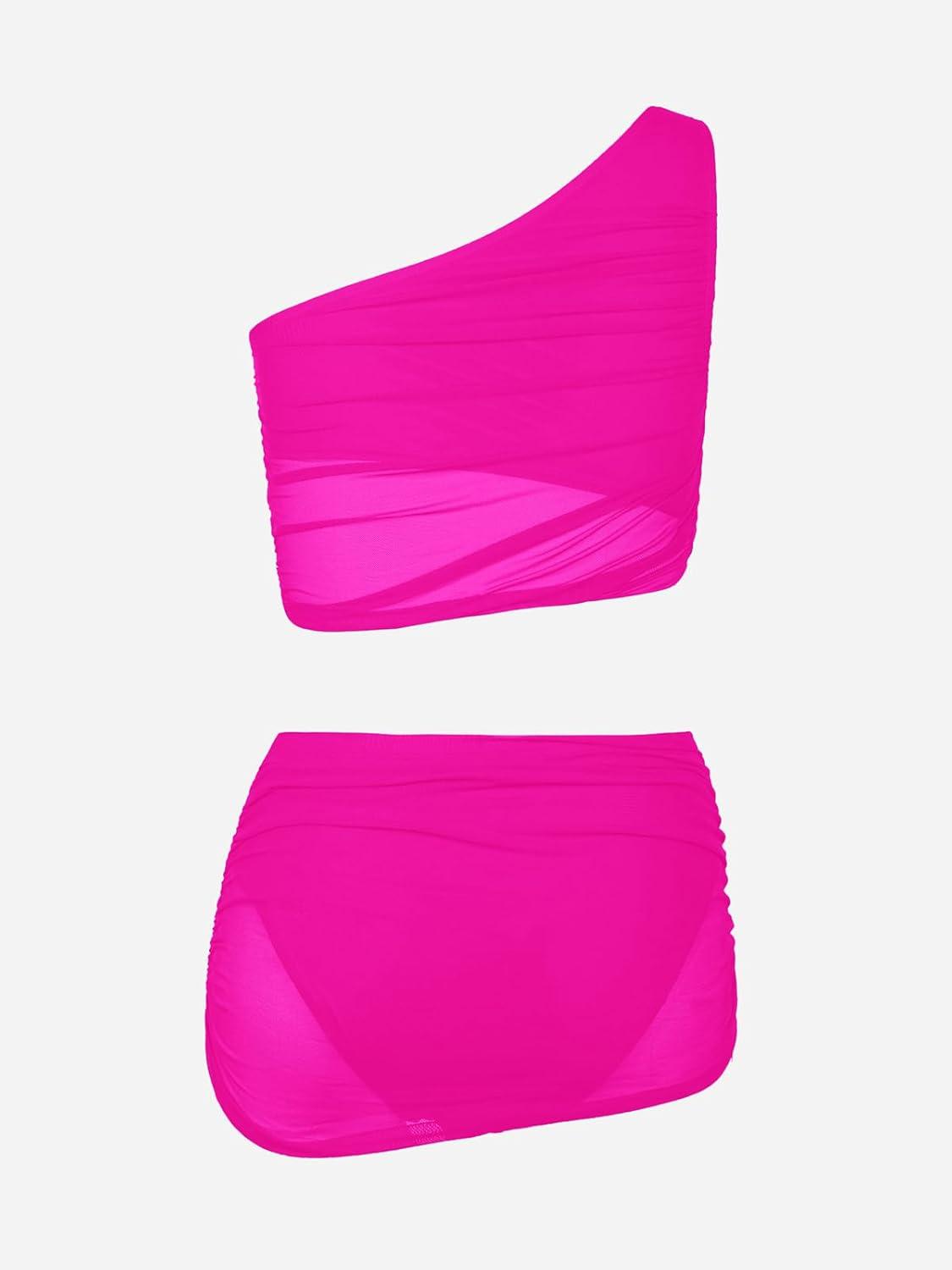 imageCUPSHE Womens Bikini Sets Two Piece Bathing Suit One Shoulder Ruched Mesh Mid Rise Skirt Bottom AsymmetricalNeon Pink