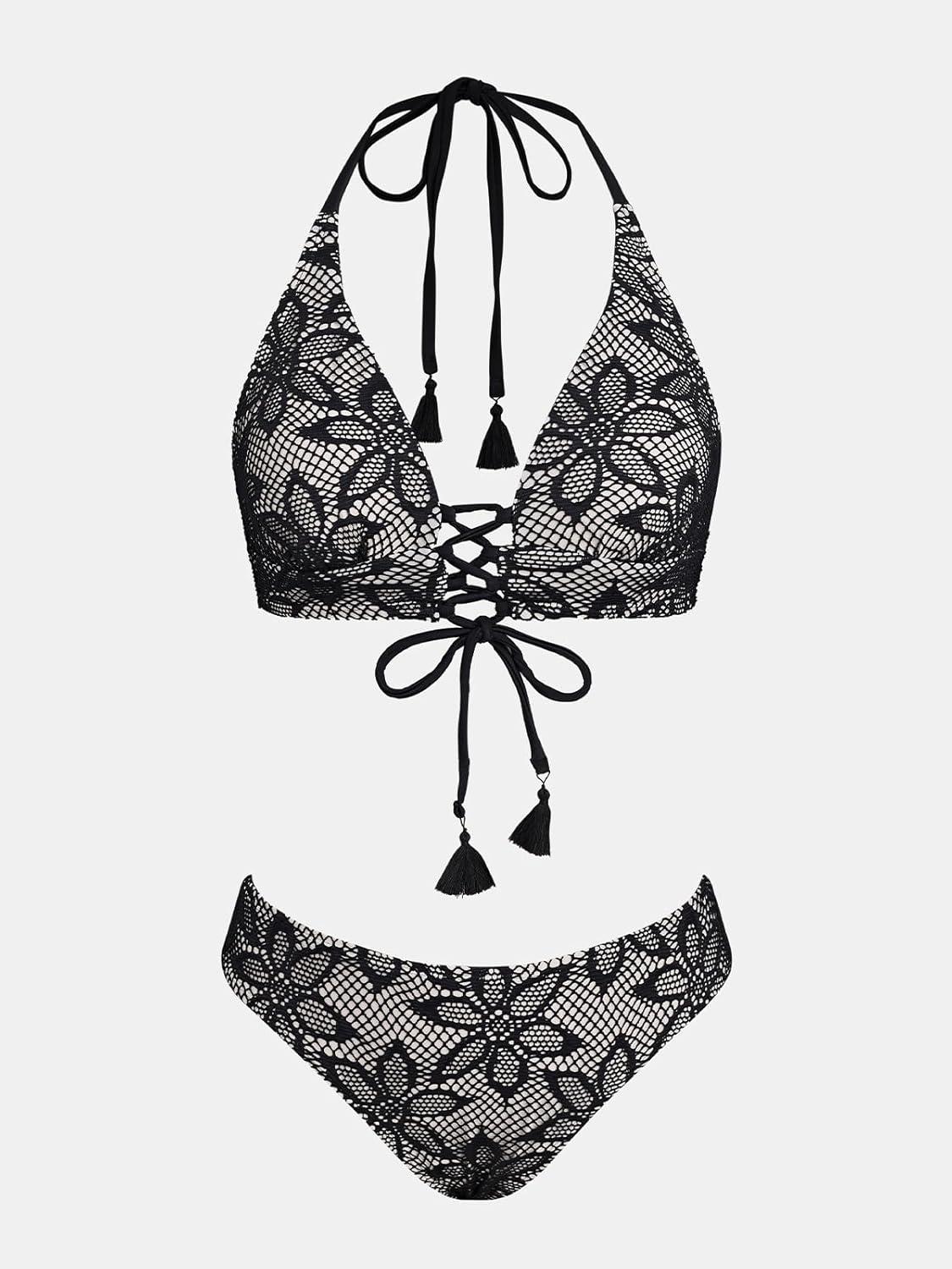 imageCUPSHE Womens Bikini Sets Two Piece Swimsuit Halter Bathing Suits V Neck Front Strappy TieBlack Floral