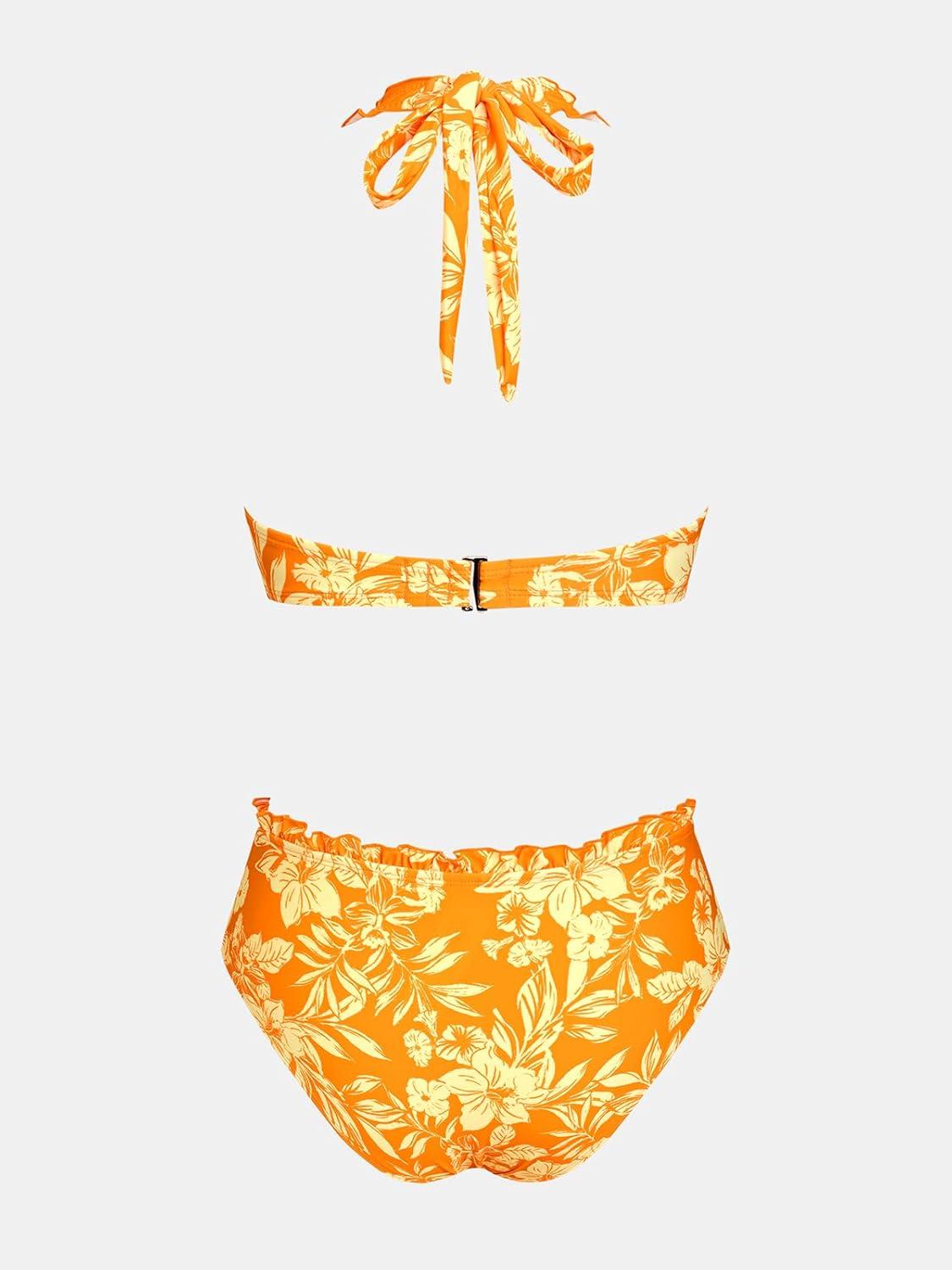 imageCUPSHE Womens Bikini Sets Two Piece Swimsuit Halter Tie Bathing Suit V Neck Mid Rise Ruffle Back HookOrange Floral
