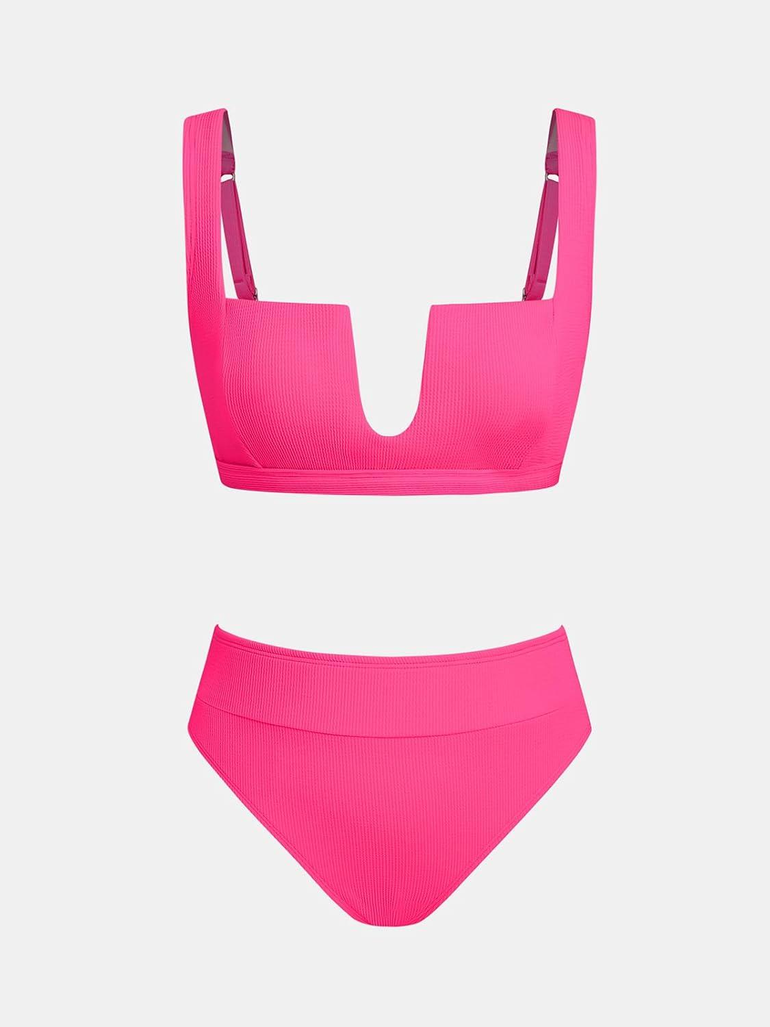 imageCUPSHE Womens Bikini Sets Two Piece Swimsuit High Waisted Bathing Suit U Wire Adjustable Wide Straps TexturedHot Pink