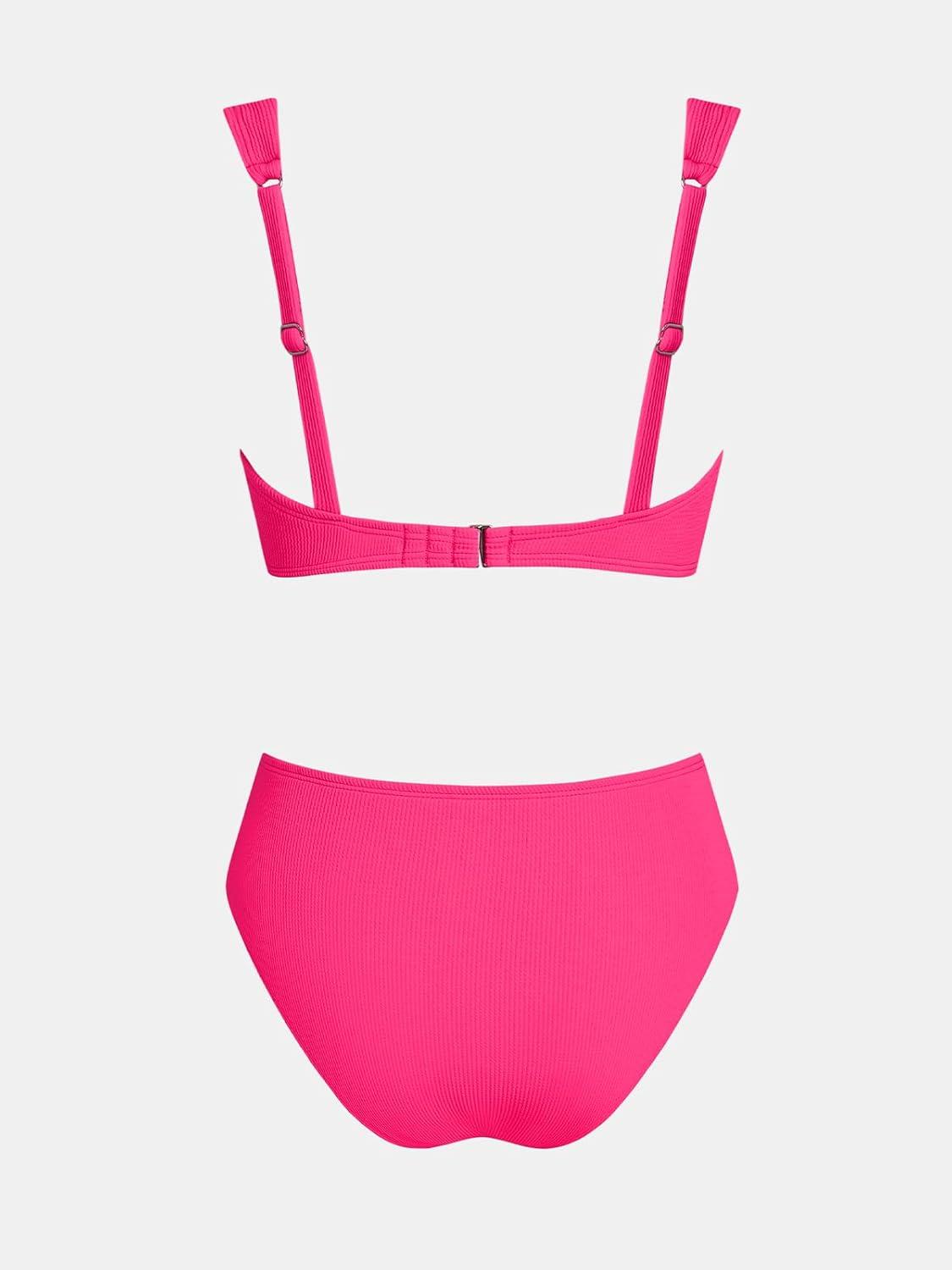 imageCUPSHE Womens Bikini Sets Two Piece Swimsuit High Waisted Bathing Suit U Wire Adjustable Wide Straps TexturedHot Pink