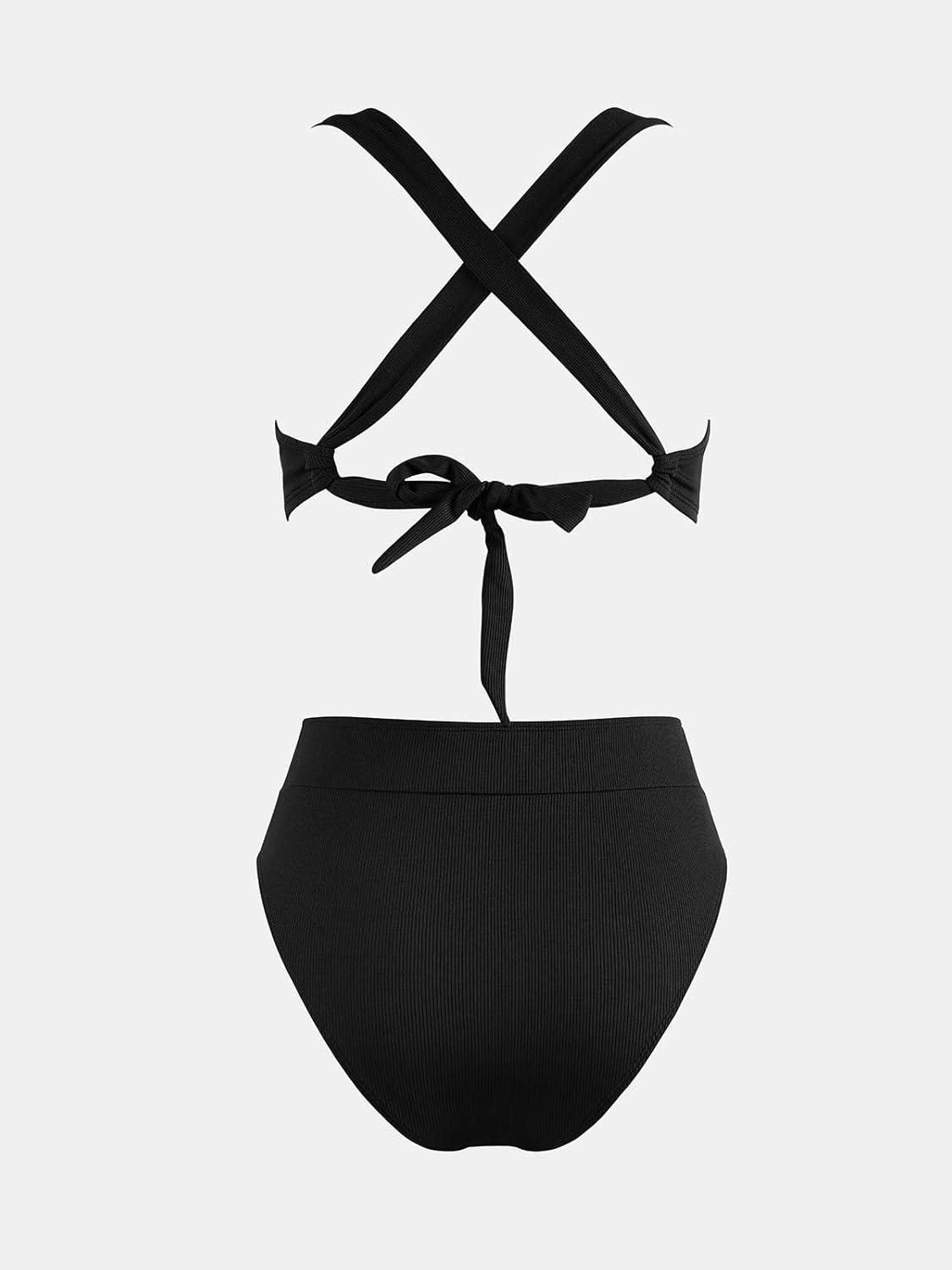 imageCUPSHE Womens Bikini Sets Two Piece Swimsuit High Waisted Molded Cups Push Up Cheeky Crisscross Back Self TieBlack
