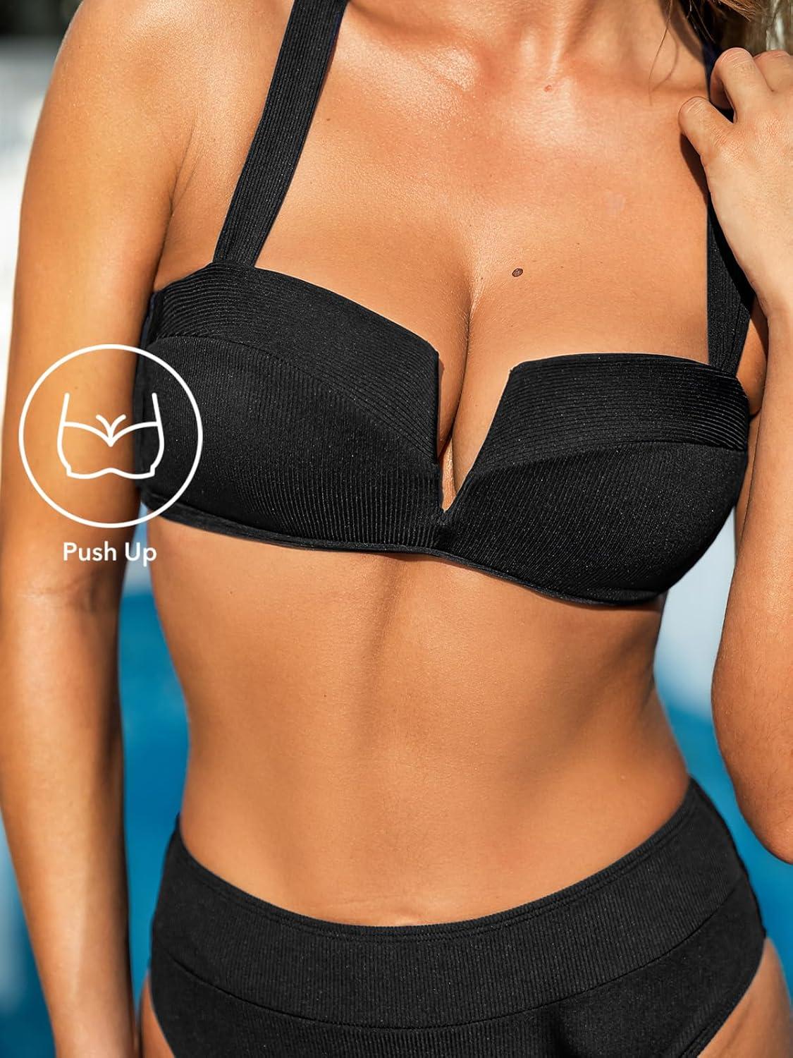 imageCUPSHE Womens Bikini Sets Two Piece Swimsuit High Waisted Molded Cups Push Up Cheeky Crisscross Back Self TieBlack