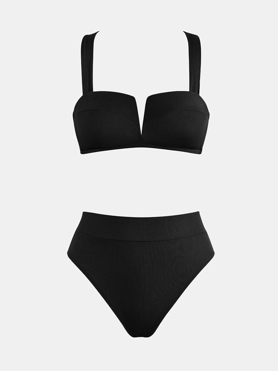 imageCUPSHE Womens Bikini Sets Two Piece Swimsuit High Waisted Molded Cups Push Up Cheeky Crisscross Back Self TieBlack