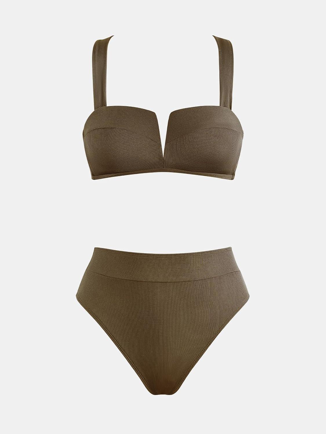 imageCUPSHE Womens Bikini Sets Two Piece Swimsuit High Waisted Molded Cups Push Up Cheeky Crisscross Back Self TieBrown
