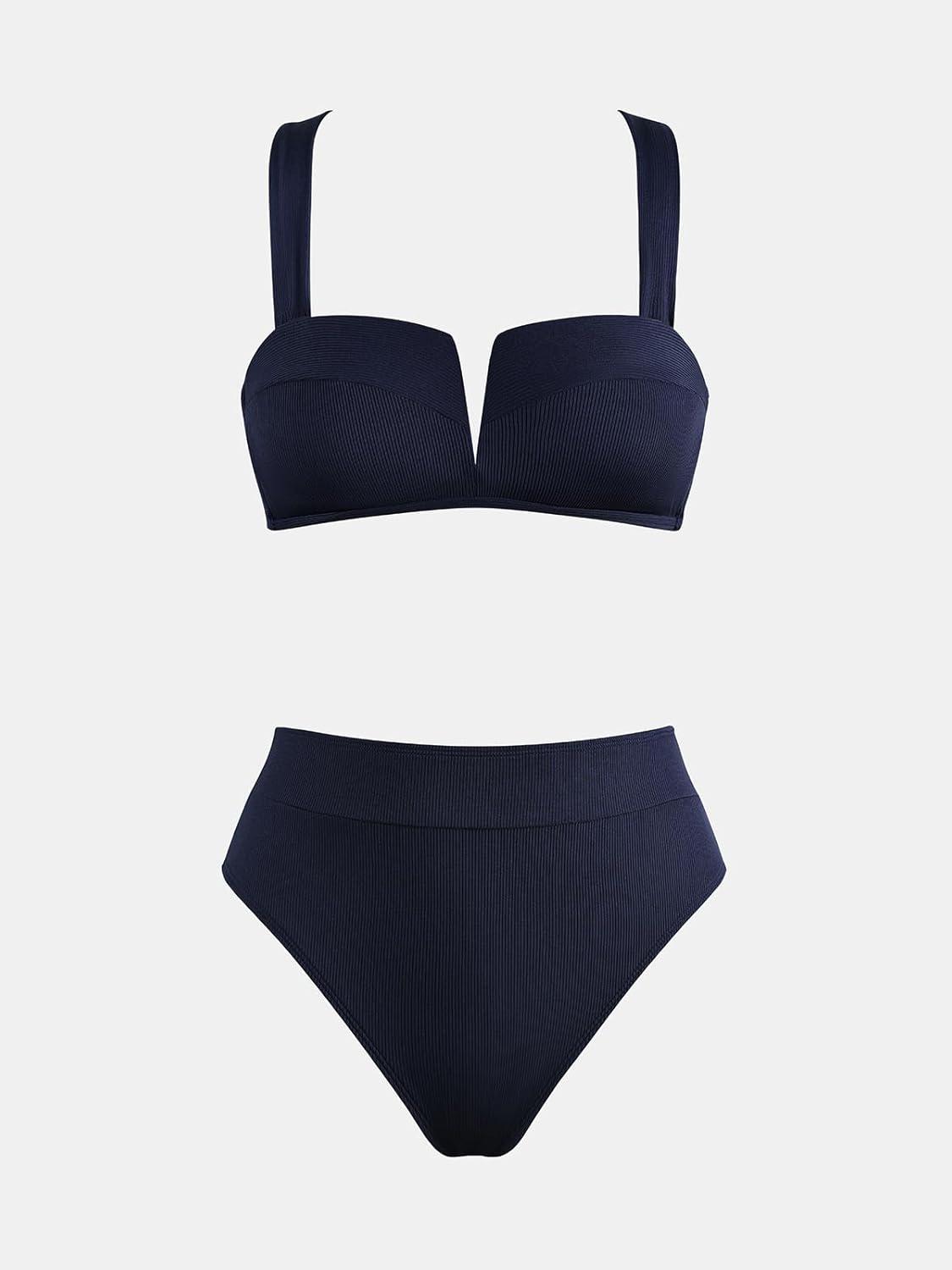 imageCUPSHE Womens Bikini Sets Two Piece Swimsuit High Waisted Molded Cups Push Up Cheeky Crisscross Back Self TieNavy Blue