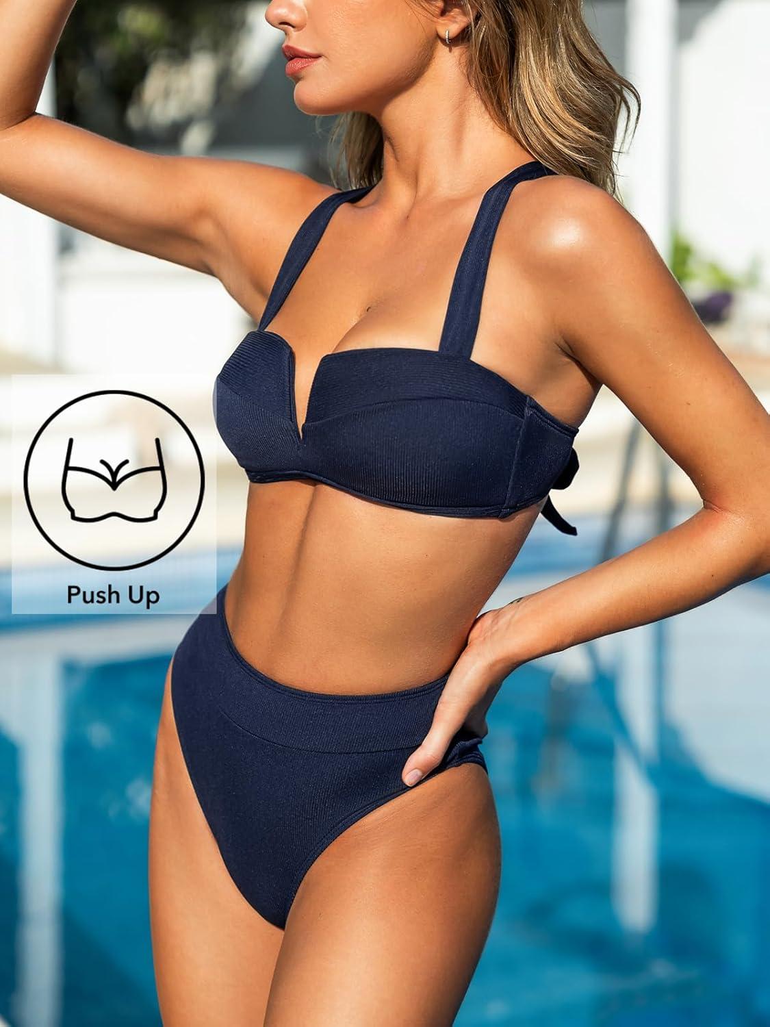 imageCUPSHE Womens Bikini Sets Two Piece Swimsuit High Waisted Molded Cups Push Up Cheeky Crisscross Back Self TieNavy Blue