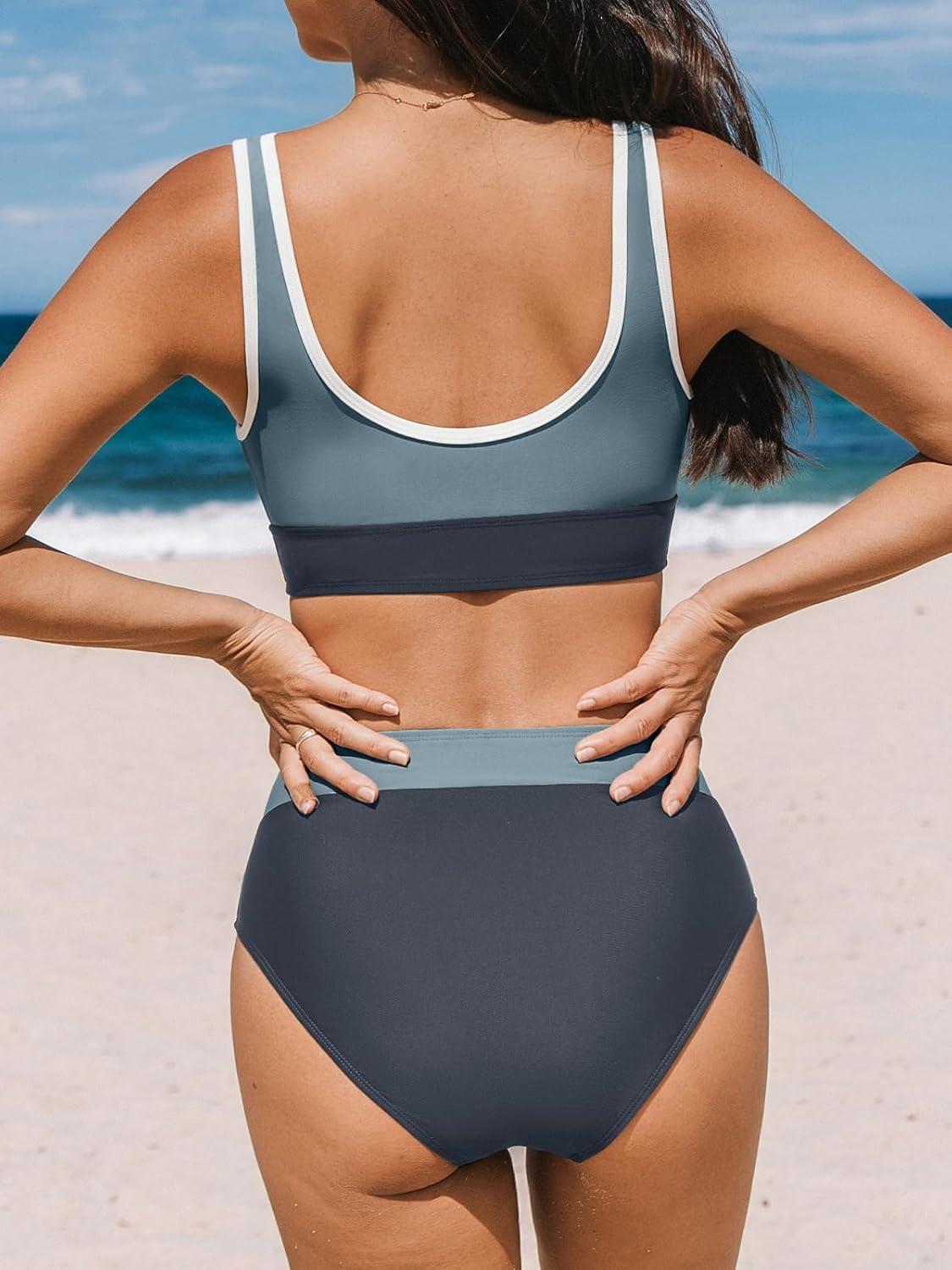 imageCUPSHE Womens Bikini Sets Two Piece Swimsuit High Waisted Scoop Neck Bathing Suit Color Block SwimwearDark TealDark Grey