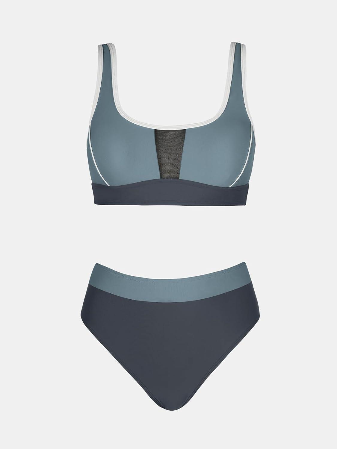 imageCUPSHE Womens Bikini Sets Two Piece Swimsuit High Waisted Scoop Neck Bathing Suit Color Block SwimwearDark TealDark Grey