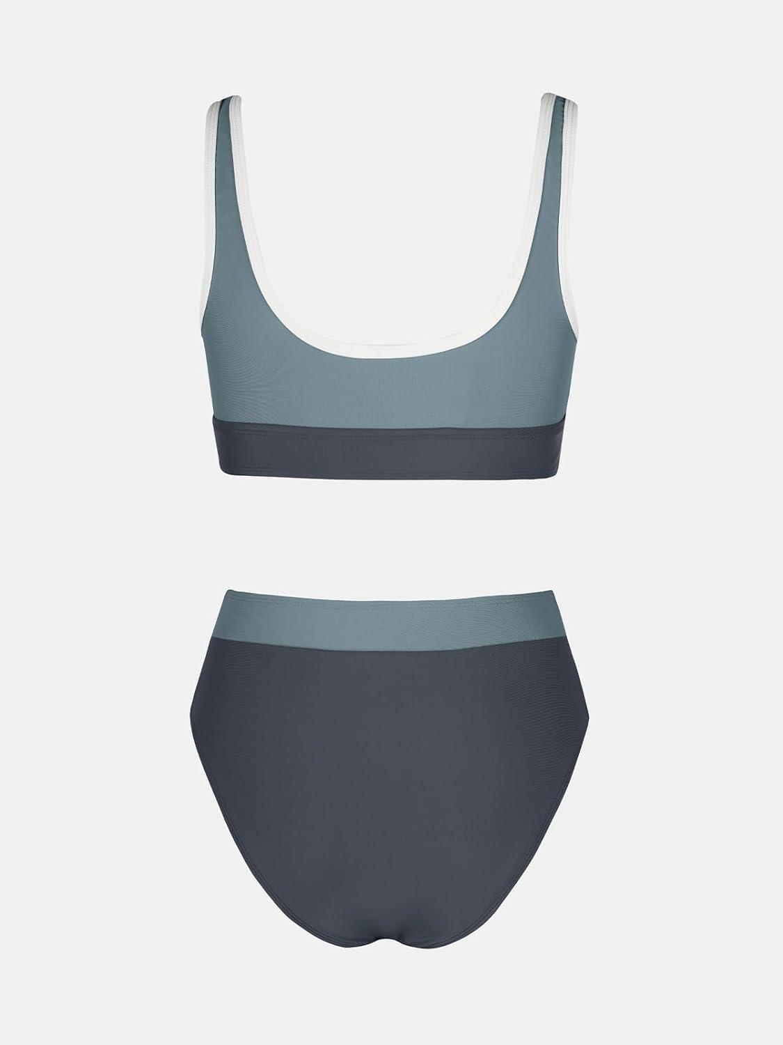 imageCUPSHE Womens Bikini Sets Two Piece Swimsuit High Waisted Scoop Neck Bathing Suit Color Block SwimwearDark TealDark Grey