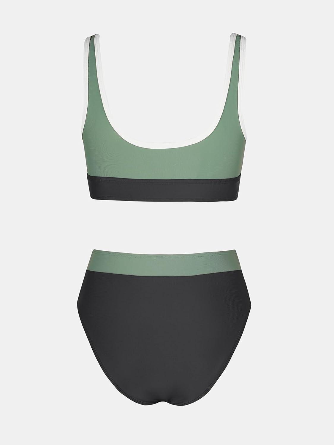 imageCUPSHE Womens Bikini Sets Two Piece Swimsuit High Waisted Scoop Neck Bathing Suit Color Block SwimwearSage GreenNavy Blue