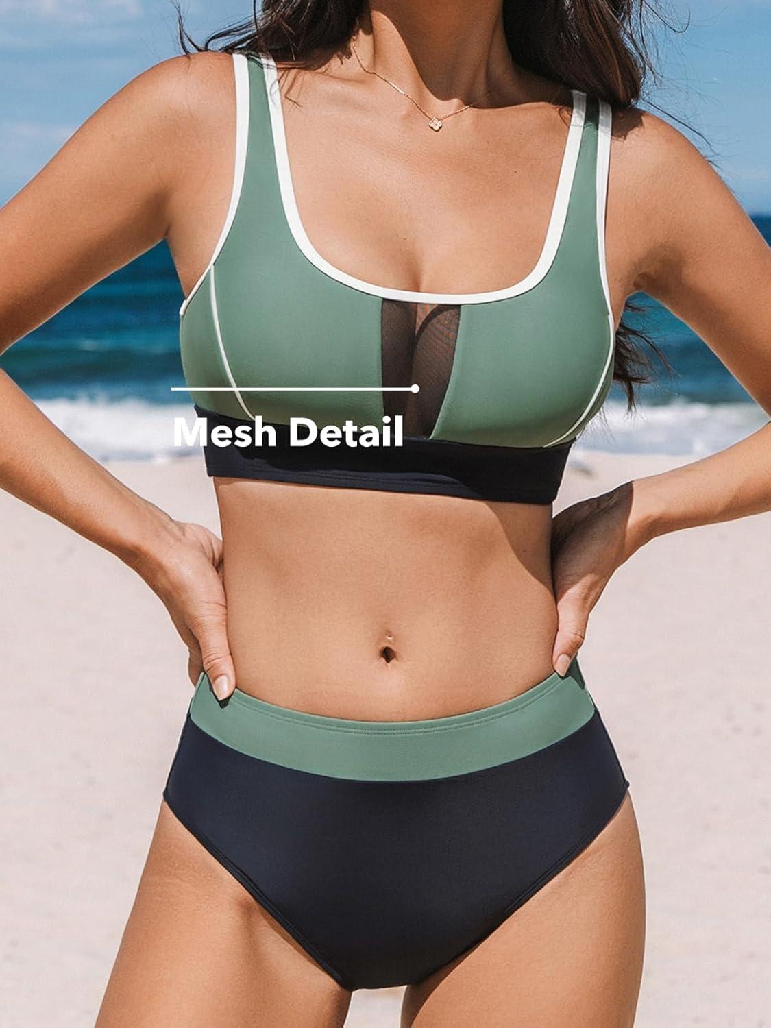 imageCUPSHE Womens Bikini Sets Two Piece Swimsuit High Waisted Scoop Neck Bathing Suit Color Block SwimwearSage GreenNavy Blue