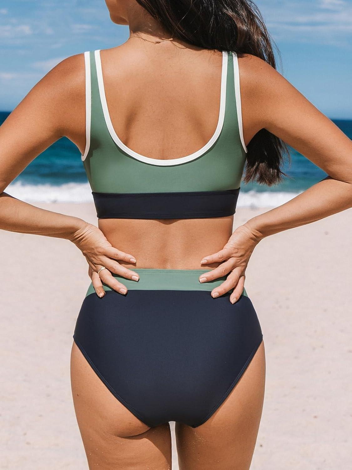 imageCUPSHE Womens Bikini Sets Two Piece Swimsuit High Waisted Scoop Neck Bathing Suit Color Block SwimwearSage GreenNavy Blue